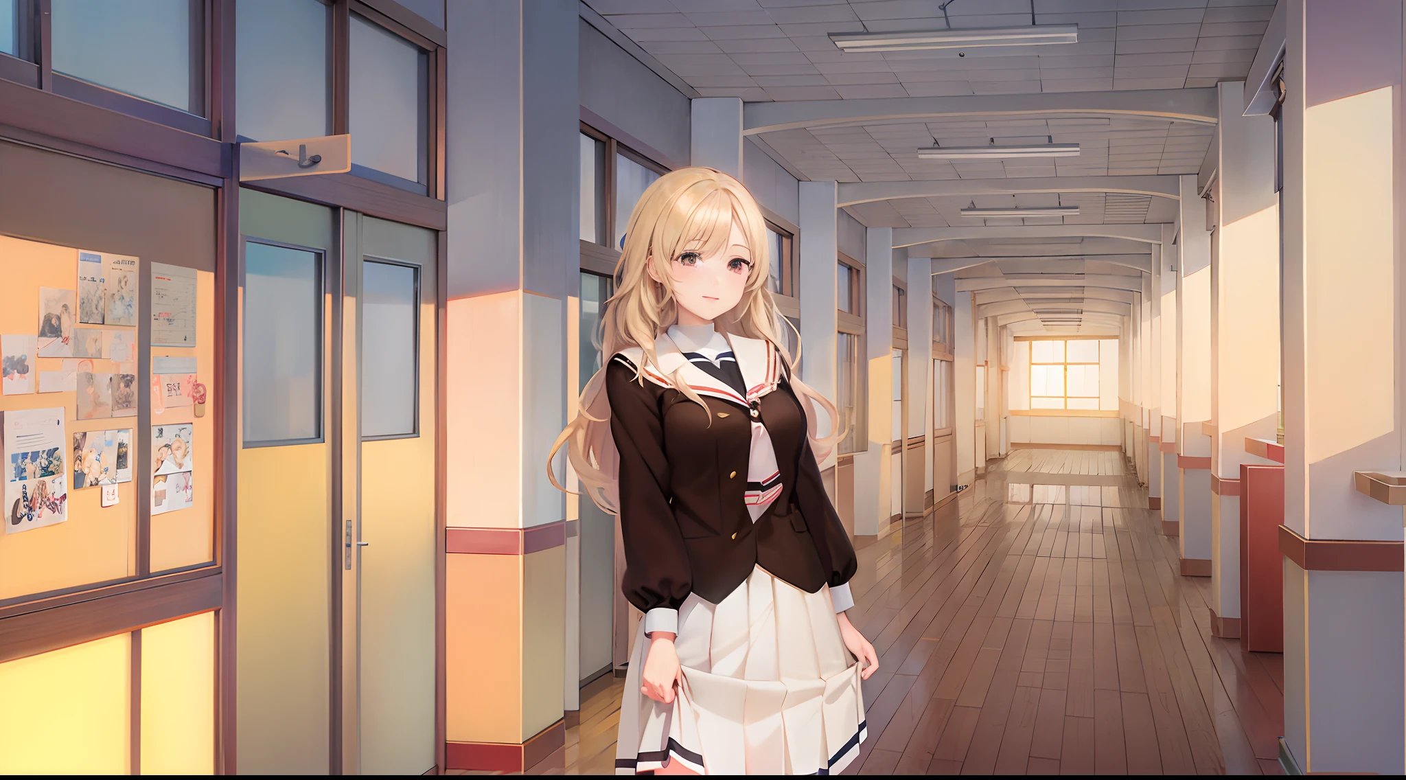 Anime girl in school hallway with long skirt and brown jacket, beautiful anime high school girl, blonde anime girl with long hair, anime visual of a cute girl, realistic schoolgirl, digital anime illustration, smooth anime cg art, painted in anime painter studio, my dress up darling anime, visual novel cg, marin kitagawa fanart, young anime girl