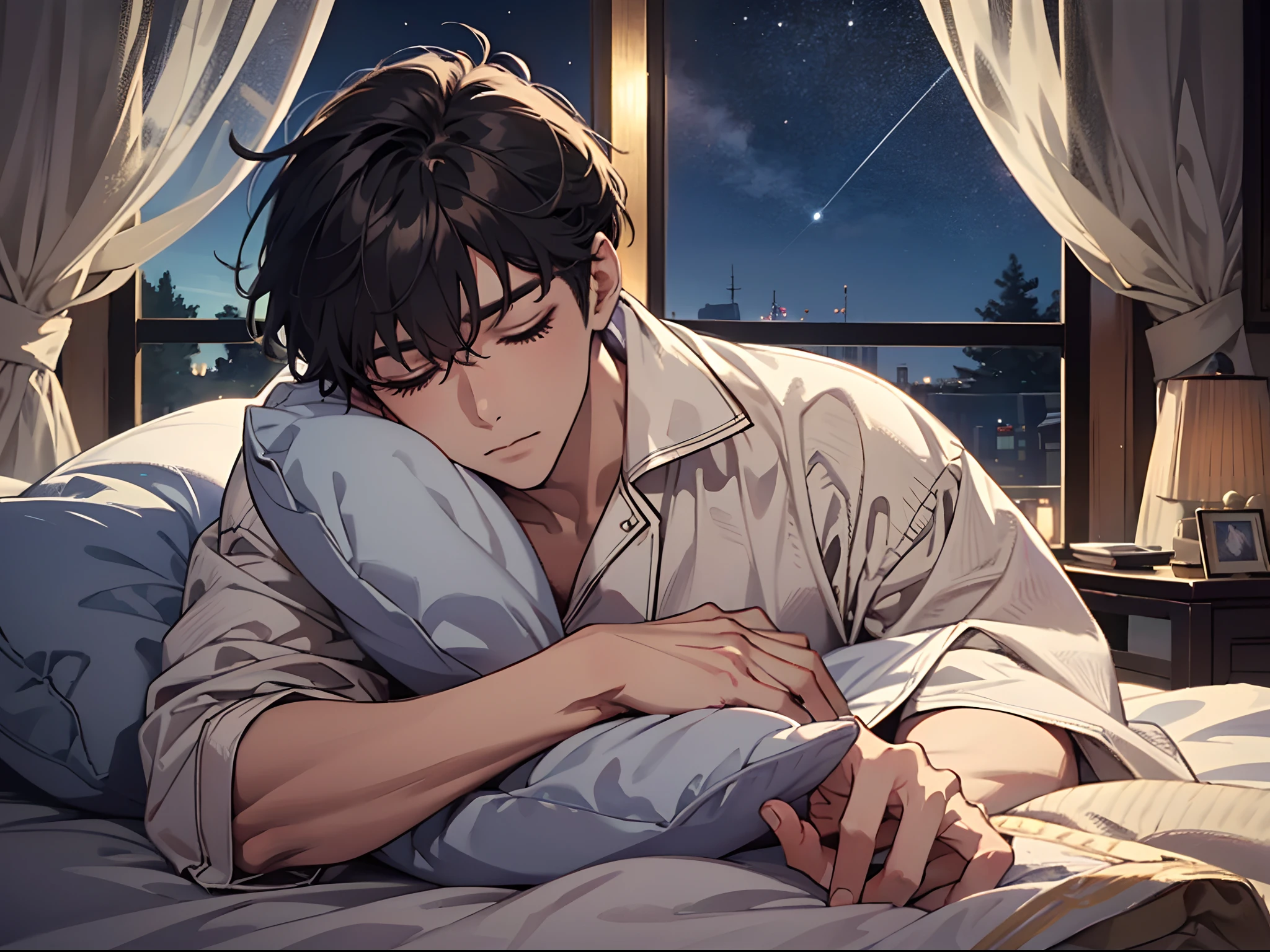 ((Masterpiece,Best quality)), 1male people, Solo, Adult, Handsome, Beautiful detailed face, Sleep in a warm bed, lying down, Closed eyes, pajamas, blanket, pillow head, Relax the expression, Night sky outside the window