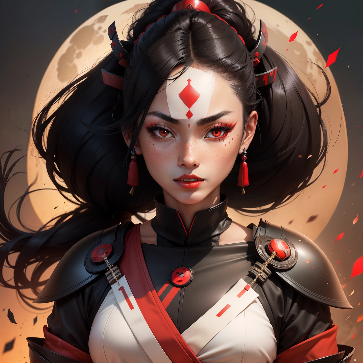 Female samurai warrior, jet black hair, dark skinned tanned, red black, bright moon, freckles on the face, red lipstick, full body, no extra hair, diamond shaped face, cover top, black eyeballs, geisha warrior, brown skinned