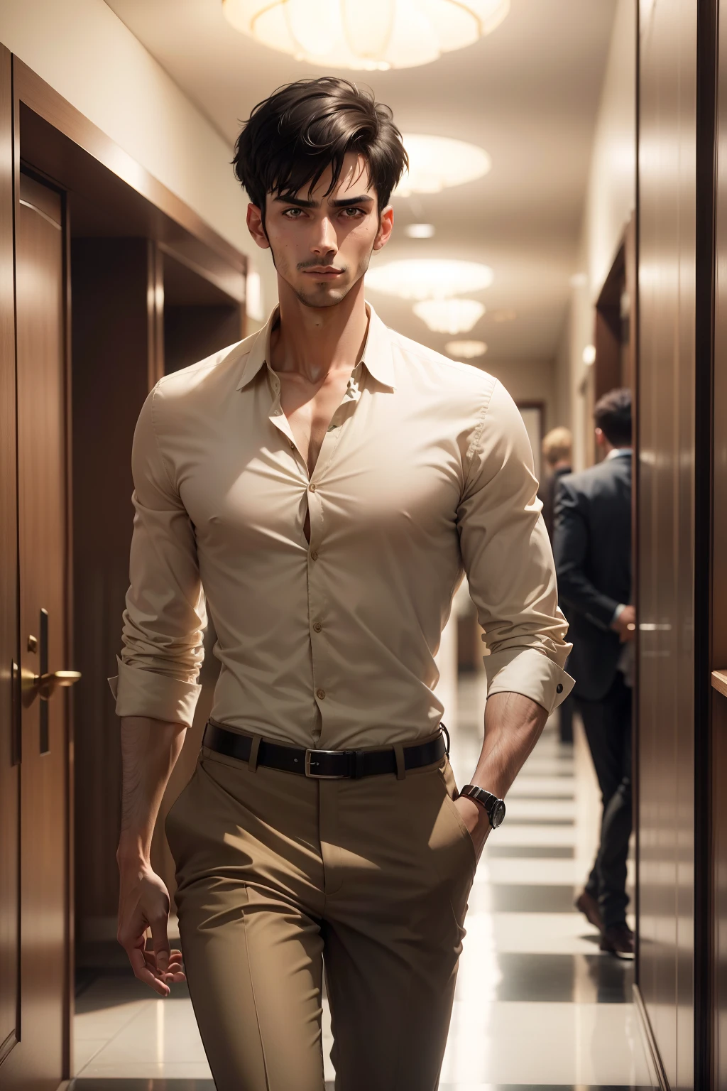 Ultra realistic 8k image of slim 25 year old male, short black hair, dressed in a beige button-up shirt and beige pants, suspicious expression, entering the main lobby of a shabby, ugly hotel, morning