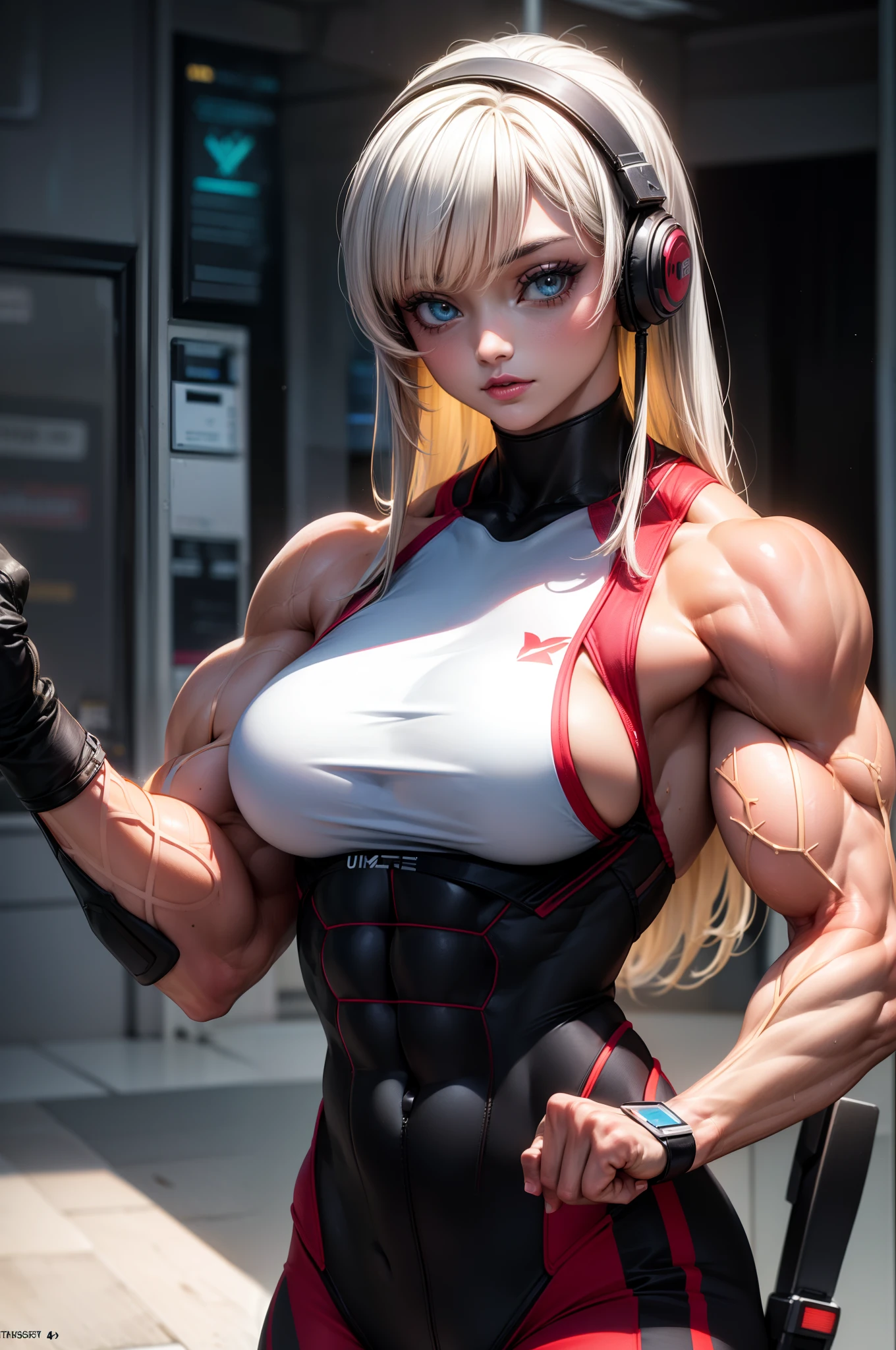 (BEST lighting) , (ultra intricately detailed) , 4K unification, (super-detailed CG: 1.2) , (8K: 1.2),(Original), (Masterpiece) , (Best quality),(Masterpiece:1.4),Anime-ish high quality,(Masterpiece),Masterpiece, Super clear picture quality,Clearer than movies,(Fine face)Best quality, absurderes,((masterpeace, 4K, 8K, Yes, A high resolution))1girll, girls,She is in the city of the future,cyber punk perssonage,motorbiker,Wear a helmet and headphones,Tech motorcycles,Ten strong abs,standing on your feet,Exposing the abdomen,There are bulges of dense veins on the arms,Spring, Perfect figure, Long silver hair, Dynamic pose,Legs exposed,Strong leg muscles ((body builder:1.5)city in the style of cyberpunk,Bustling,space ship(Beautiful bace),(Girl),(Female),(((Upper body:1)))