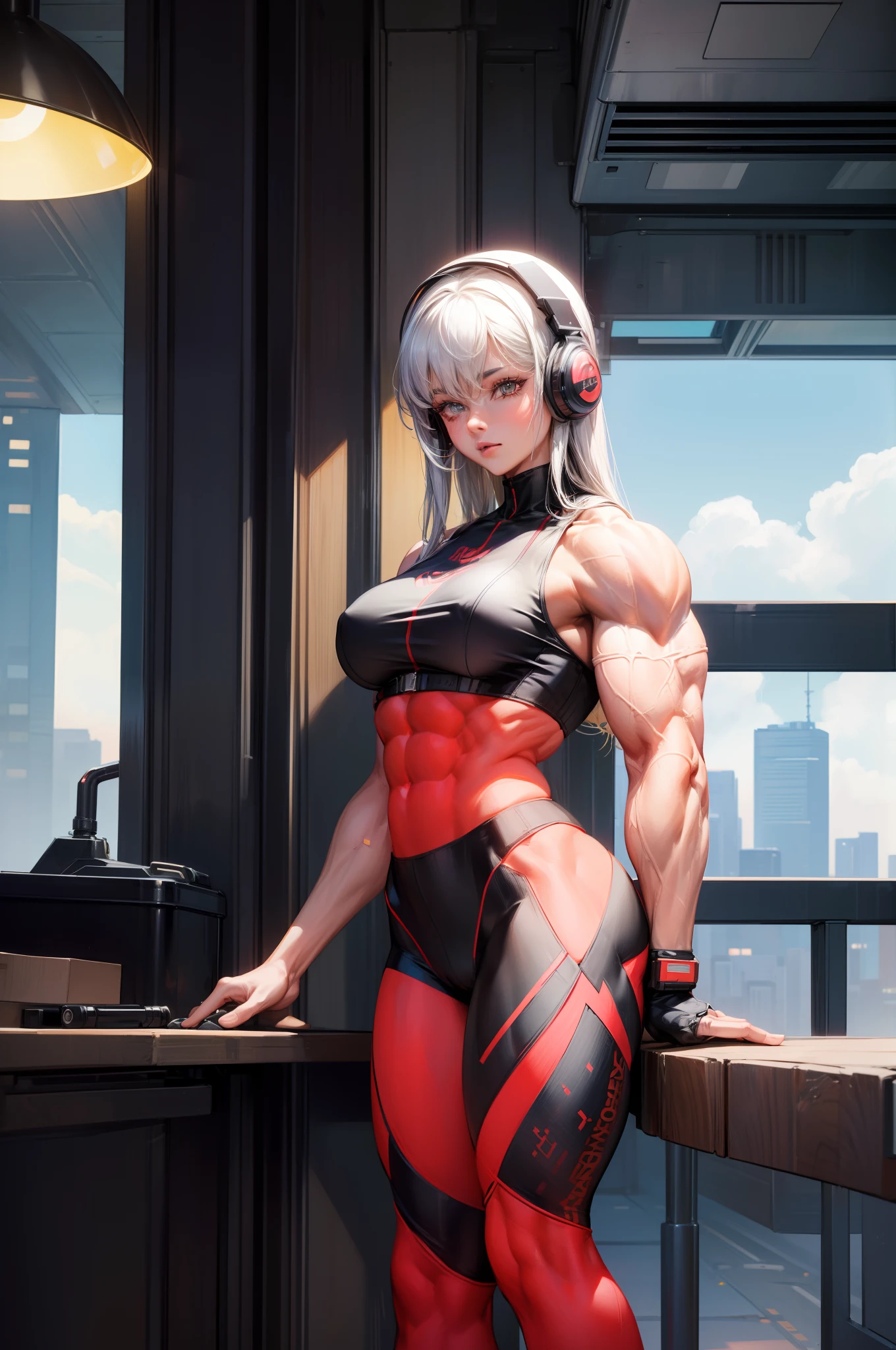 (BEST lighting) , (ultra intricately detailed) , 4K unification, (super-detailed CG: 1.2) , (8K: 1.2),(Original), (Masterpiece) , (Best quality),(Masterpiece:1.4),Anime-ish high quality,(Masterpiece),Masterpiece, Super clear picture quality,Clearer than movies,(Fine face)Best quality, absurderes,((masterpeace, 4K, 8K, Yes, A high resolution))1girll, girls,She is in the city of the future,cyber punk perssonage,motorbiker,Wear a helmet and headphones,Tech motorcycles,Ten strong abs,standing on your feet,Exposing the abdomen,There are bulges of dense veins on the arms,Spring, Perfect figure, Long silver hair, Dynamic pose,Legs exposed,Strong leg muscles ((body builder:1.5)city in the style of cyberpunk,Bustling,space ship(Beautiful bace),(Girl),(Female),(((Upper body:1)))