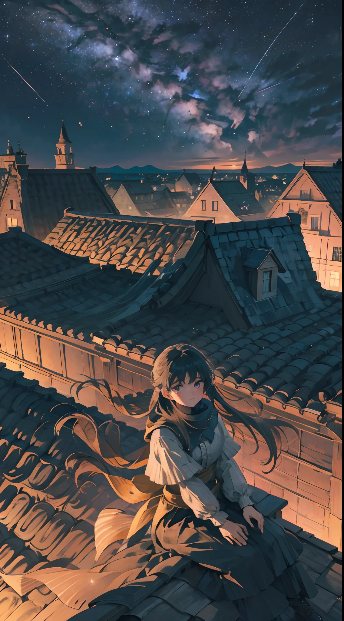 Quiet nights,1 girl outdoors, late, starrysky, in a panoramic view, scenecy, horizon, the roof, sitting on rooftop, ventania --auto