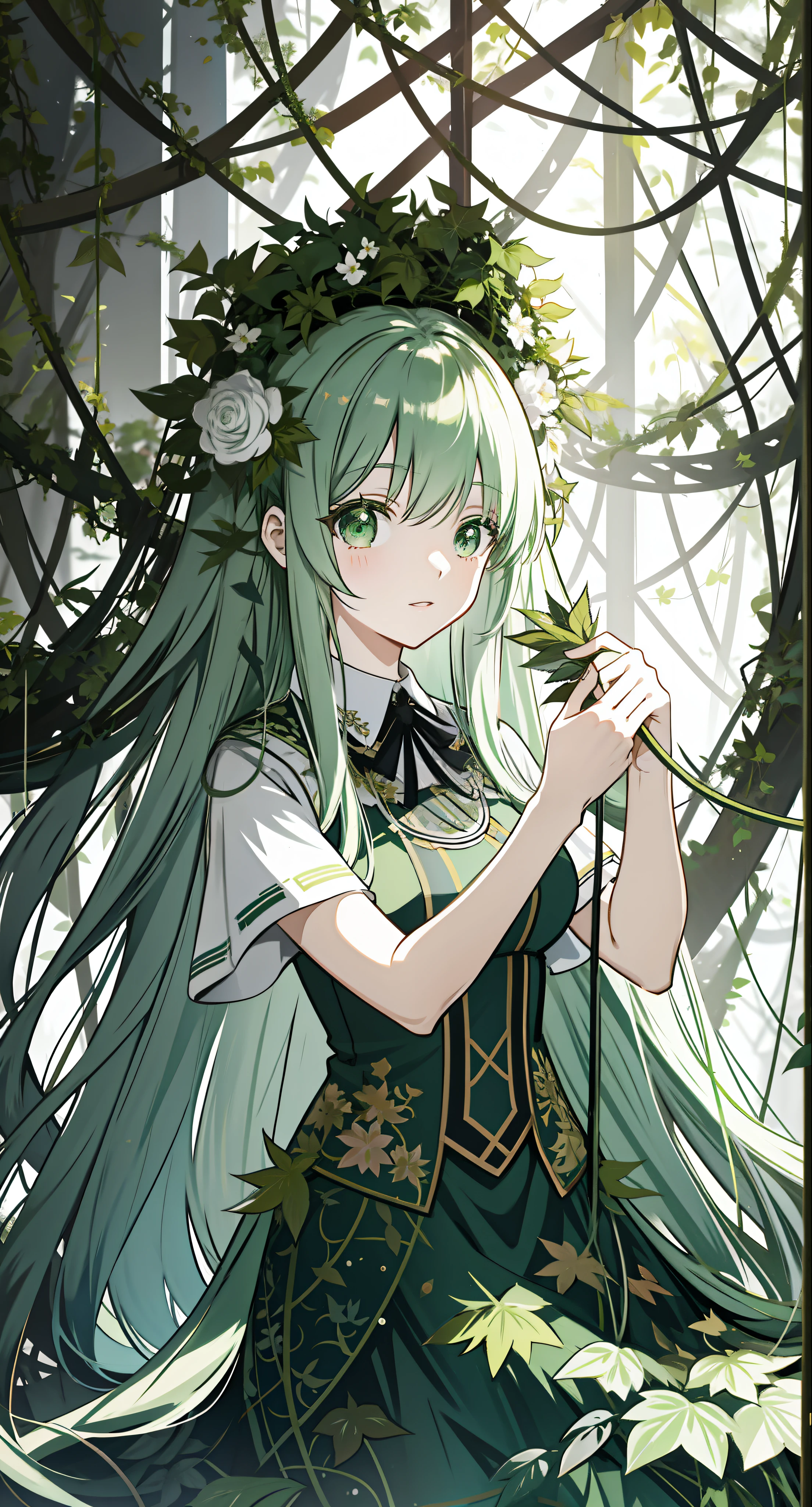 Anime girl in long hair and green dress in the forest, made of vines, zerochan art, covered in vines, overgrown with vines, Anime girl with long hair, vine covered, with ivy, forest soul, with a few vines and overgrowth, detailed anime art, Digital art on Pixiv, clad in vines, Pixiv style, Detailed digital anime art,Hands drooping