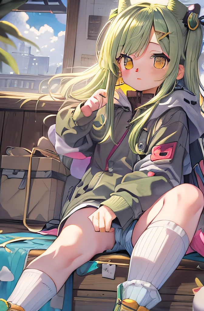 Beautiful illustration, Best Quality, (-yeld gi1.4)、(cute petit girl：1.3),Lori、 (Superb view),parka、shortpants、Clean thighs、Green long hair、Golden eyes、Long two-side-up hair