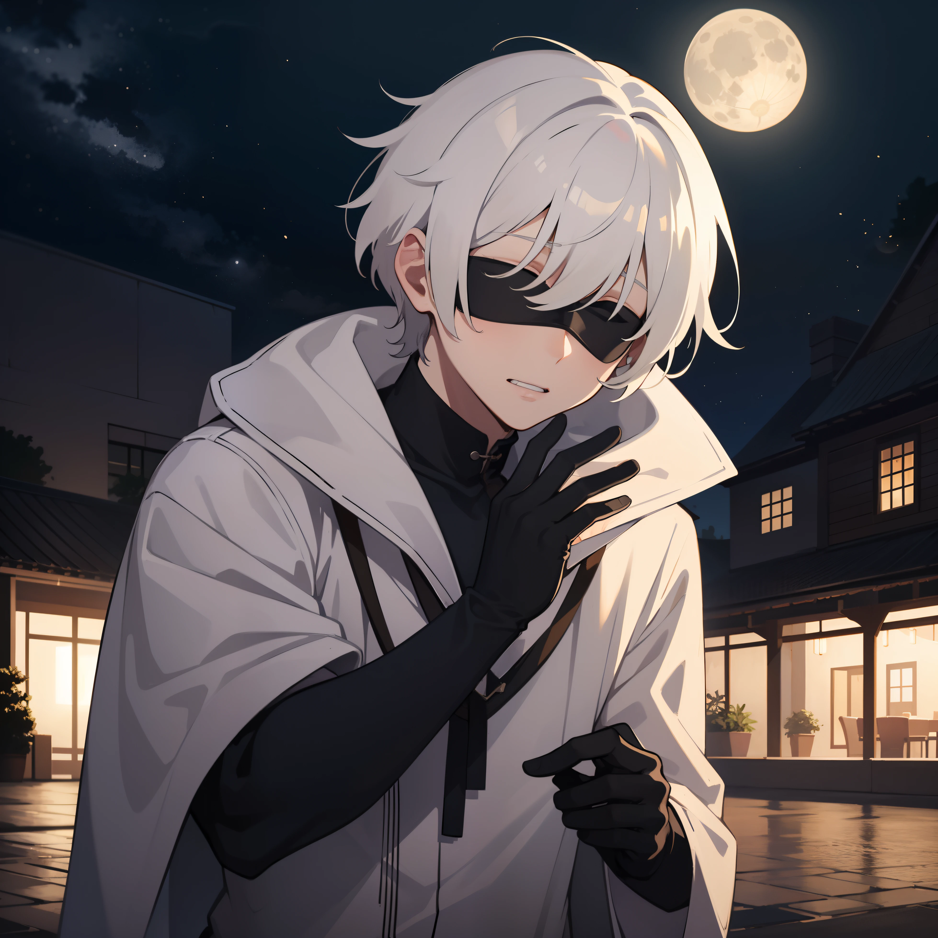 masterpiece, best quality, night, full_moon, sky, comic, bust, Chinese, male, solo, short hair, white hair, crossed bangs, disheveled hair, short_ponytail, naughty_face, robe, black blindfold, half gloves , pants,male