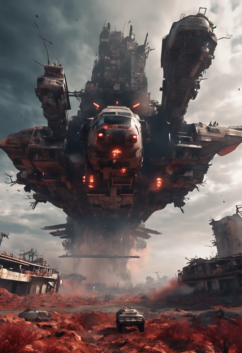 A wasteland-style spaceship, exploding in the air, black smoke from the engine, surrounded by a group of small red wasteland-style aircraft, with an abandoned ancient city in the background, towering industrial towers everywhere and some withered vegetation, storm-swept, foggy, low-saturation, cinematic, Unreal Engine, trending on artstation