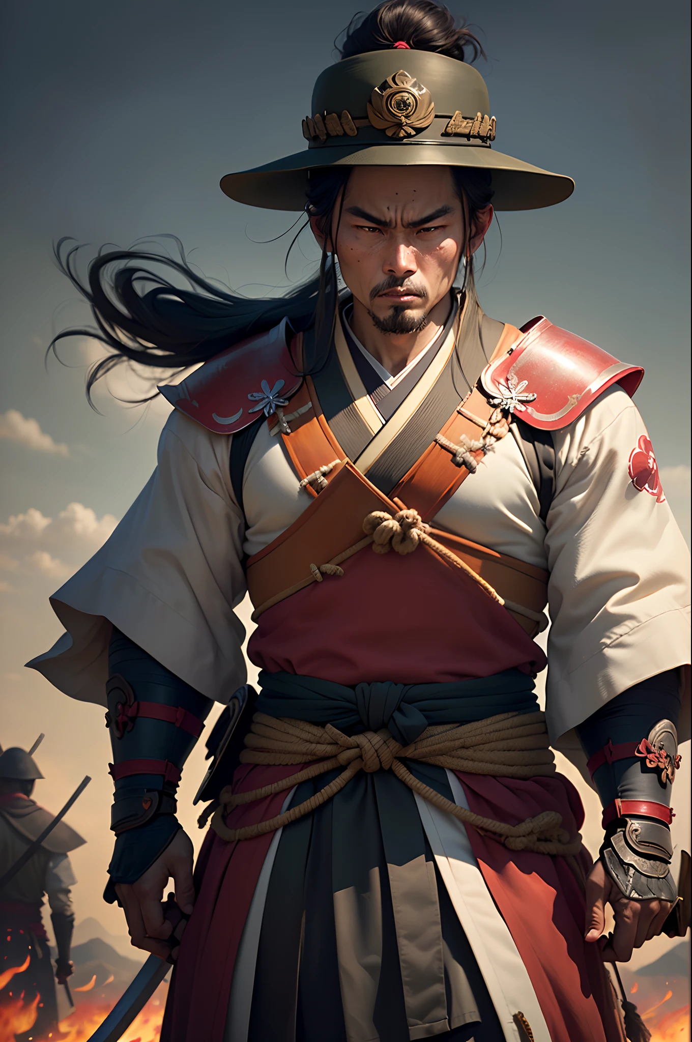 a high quality warrior, angry samurai japanese soldier, war, many people