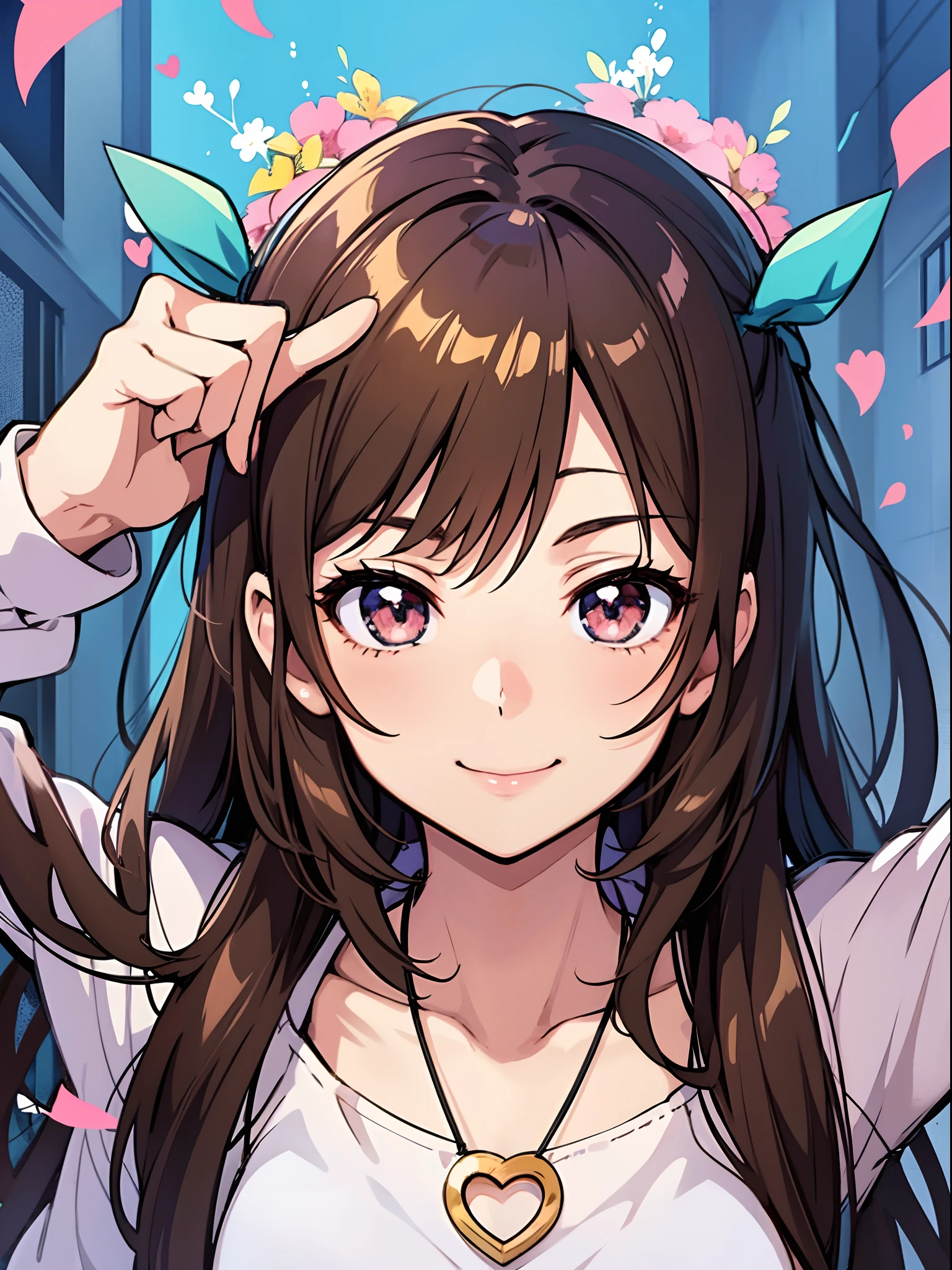 anime, a girl with brown hair and a necklace with a heart on it, light smile,, extremely cute anime girl face, cute anime girl portraits, cute natural anime face, cute anime face, anime visual of a cute girl, cute anime girl, cute anime girl portrait, anime moe artstyle, (anime girl), brown hair and large eyes, cute anime style, pretty anime girl