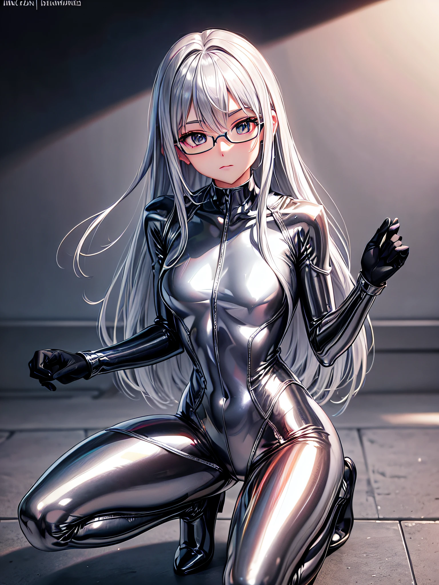 5 8K UHD、Silver shiny silver full-body rider suit with glasses silver hair and small-nosed beauty squatting with crotch wide open、Shiny silver latex slider suit with hidden skin