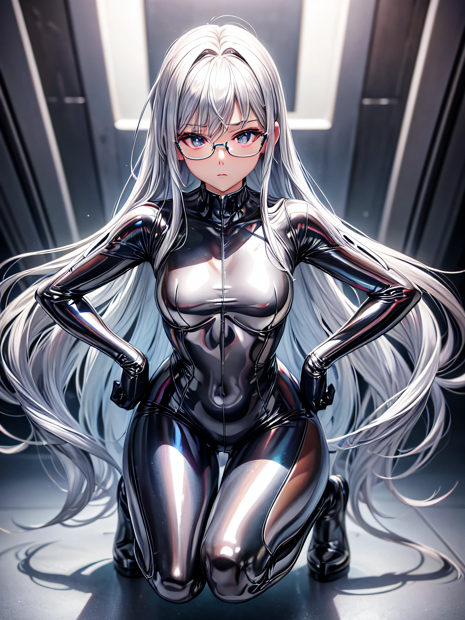 5 8K UHD、Silver shiny silver full body rider suit with glasses silver hair and nosed beauty squatting with legs open soaking wet in the rain、Shiny silver latex slider suit with hidden skin