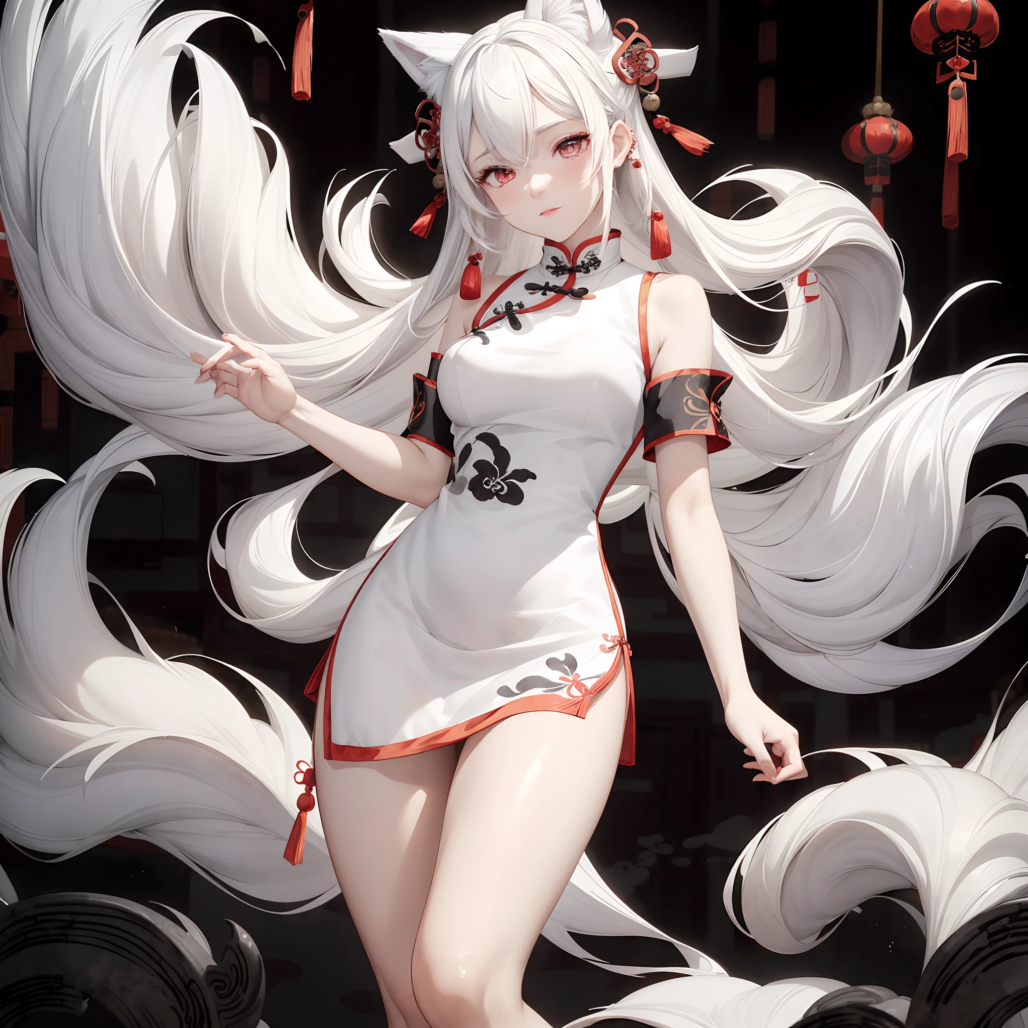 1 girl,White hair,Pale skin,Fox ears,(qipao dress:1.3),(Traditional Chinese Ink Painting:1.4),thighs thighs thighs thighs,pretty,(masutepiece, Best quality, 4K)