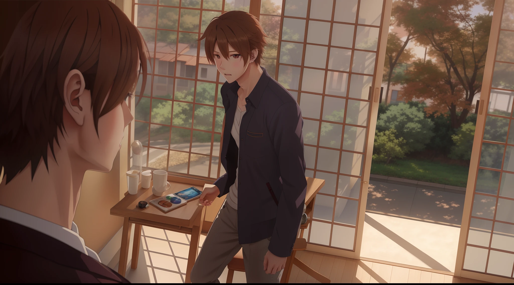 Anime image of a person, standing in front of a window and talking on a mobile phone, realistic anime 3 d style, realistic art style, made with anime painter studio, handsome anime pose, semirealistic anime style, in anime style, Стиль cel-shading, in anime style, realistic shot, He has a pistol!!, painted in anime painter studio, Realistic scene
