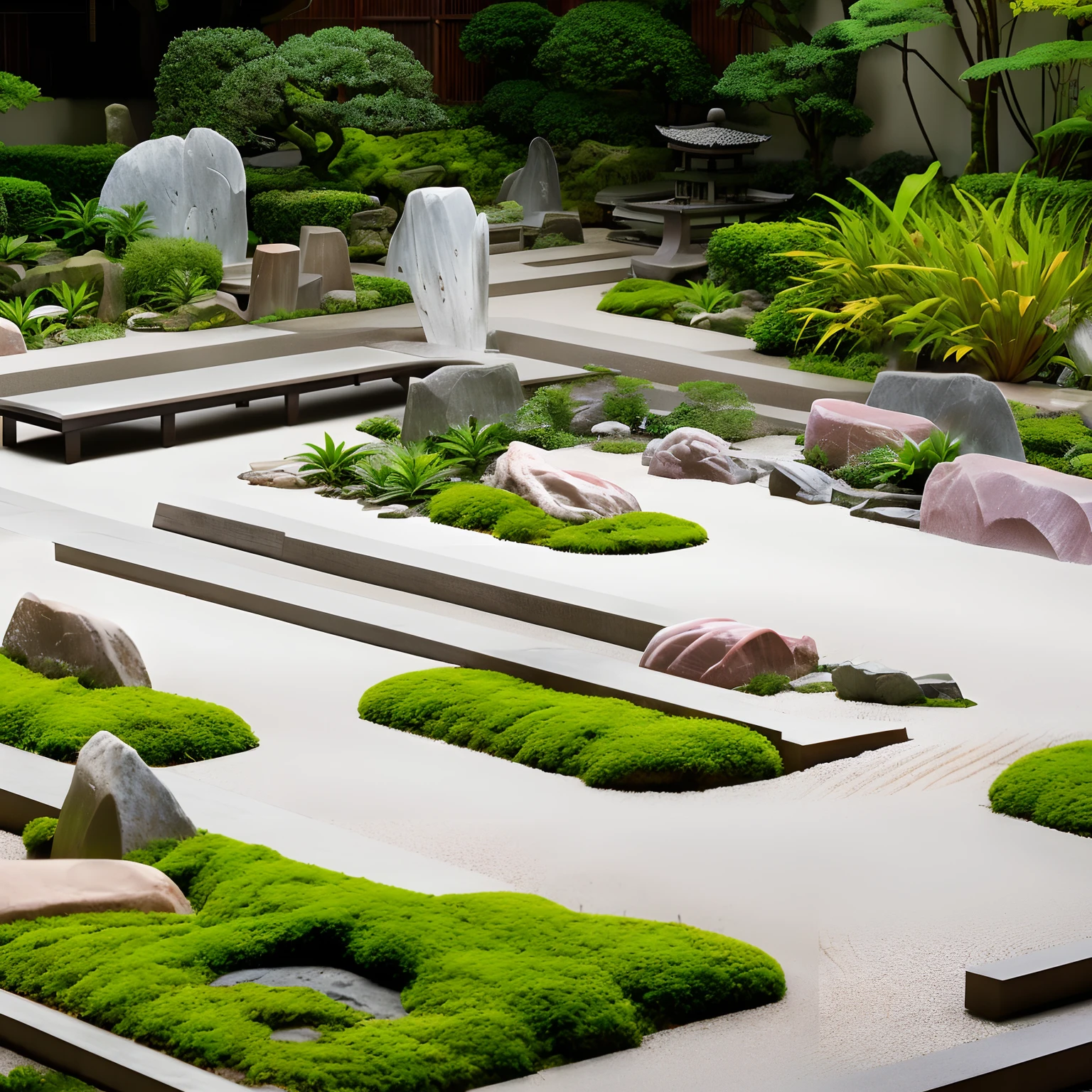 a wood room with a view of a garden in the distance , garden with Asian classical landscape culture, in the garden there are three green islands with graceful curved shape covered by moss, dotted with ten Japanese-style rocks, a red maple . The small courtyard is surrounded by a 1.6-meter-high fence with white walls and gray and very tidy tiles. There are some Japanese-style architectural backgrounds outside the fence. After the rain, the sky was sunny, the ground was still wet, and there was a slight mist. This is a realistic photo, (4K quality:1.8),(master work:1.8), moderate tones, (rich plant details:1.8), clear picture，kyoto studio, detailed leaves