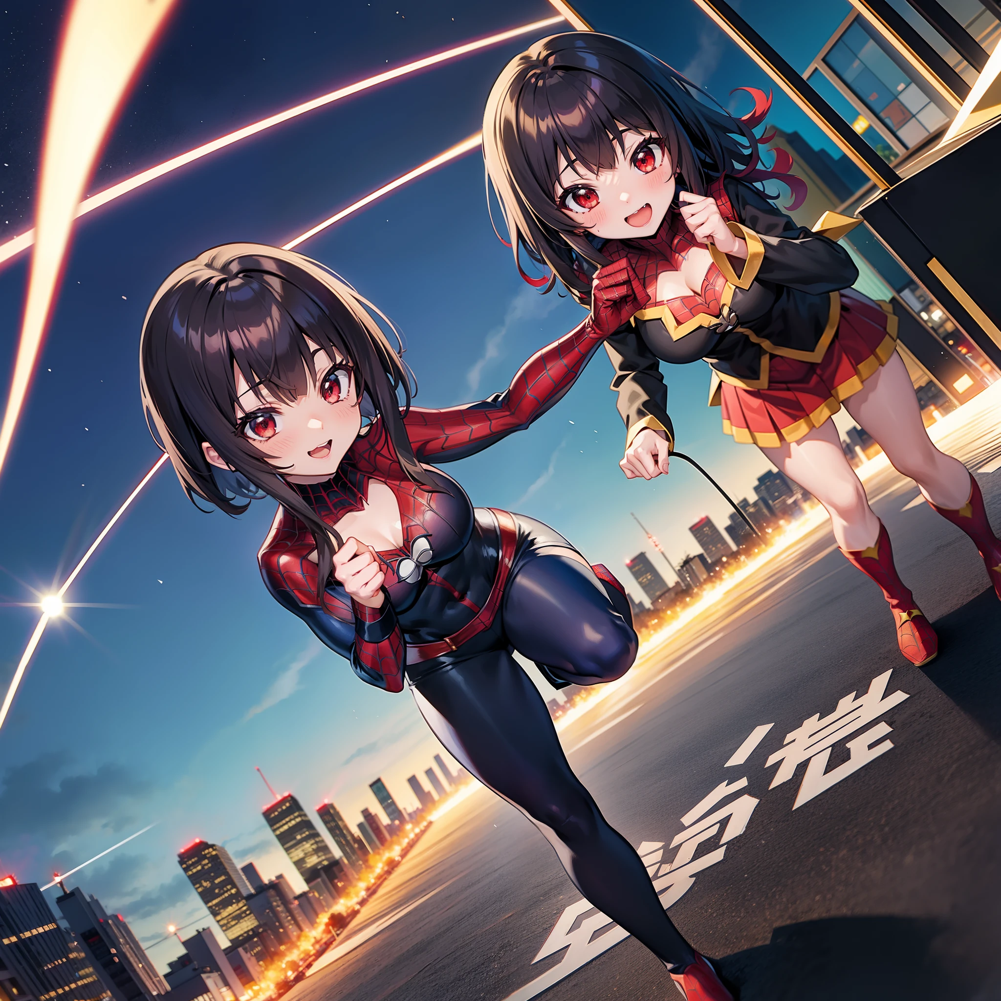 Spiderman, melhor qualidade, fundo detalhado, anime, 1girl, jovem, mulher, Megumin, seios medios, konosuba, Tokyo, japan, cidade, cabelo castanho, cabelo curto, red eyes, uniforme do homem aranha, puro