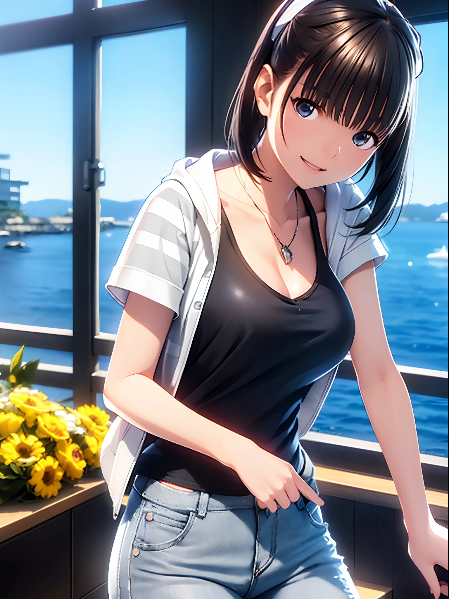 hight resolution,in 8K,Best Quality,detaileds,semi - realistic anime,Anime 3D Style,Smooth Anime CG,1 girl in,20 year old woman in Japan,slim,modeled,shiny chestnut hair,Medium Hair,Detailed face,Beautiful and detailed eyes,Glowing skin,randome pose,(((Black tank top))),((White and light gray striped short sleeve hoodie)),((Open jacket)),(((blue skinny jeans)))a necklace,Smile with open mouth,Sea view,Fishermanstown,Background blur