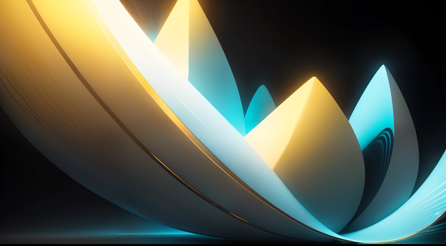 a light black background and wavy glowing different geometrical shapes in light (blue, white, yellow) colors gradient, full screen