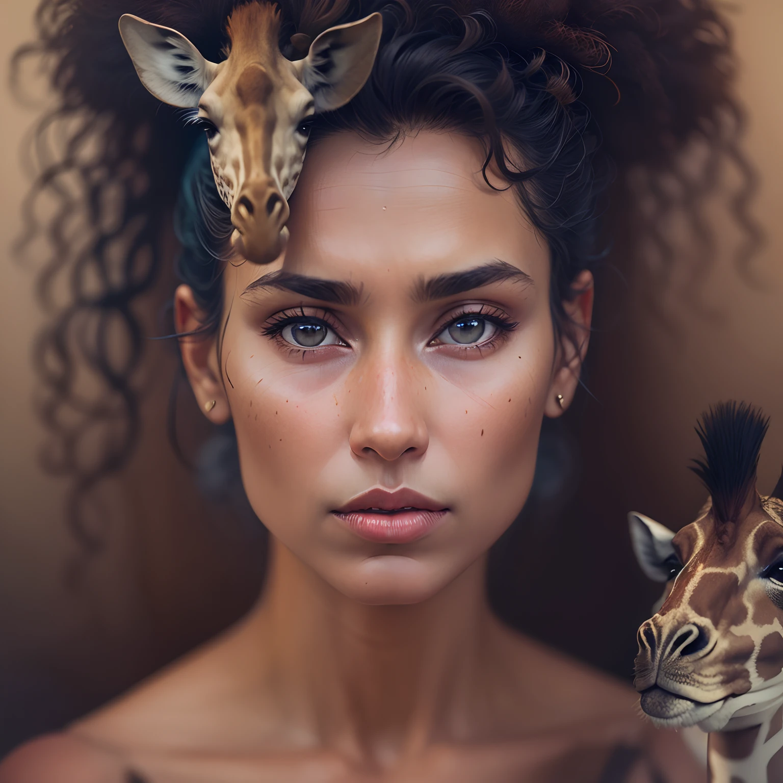 Portrait of an Indian woman with curly hair styled in a messy bun, mignon, 35 ans, realistic face, accompanied by a giraffe, Photographie mate, peau brune, softlighting, humeur ambiante, Stunning and clean photography, Kodak Film, Leica, Aesthetic safari inspiration, Metropolis inspired, Oleg Oprisco et Todd Hido --ar 5:8 --s 450 --v 5