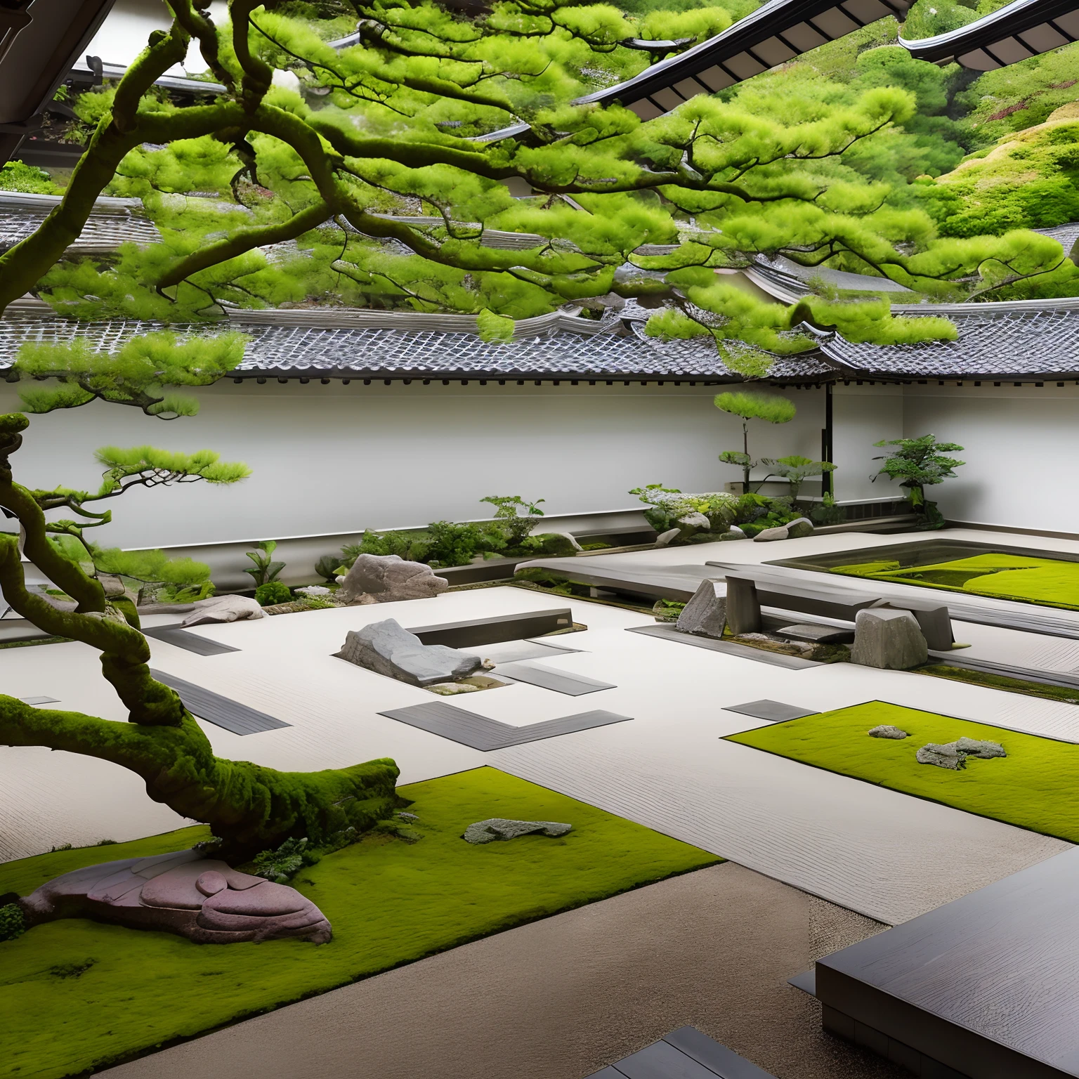 a wood room with a view of a garden in the distance , garden with Asian classical landscape culture, in the garden there are three green islands with graceful curved shape covered by moss, dotted with ten Japanese-style rocks, a red maple . The small courtyard is surrounded by a 1.6-meter-high fence with white walls and gray and very tidy tiles. There are some Japanese-style architectural backgrounds outside the fence. After the rain, the sky was sunny, the ground was still wet, and there was a slight mist. This is a realistic photo, (4K quality:1.8),(master work:1.8), moderate tones, (rich plant details:1.8), clear picture，kyoto studio, detailed leaves