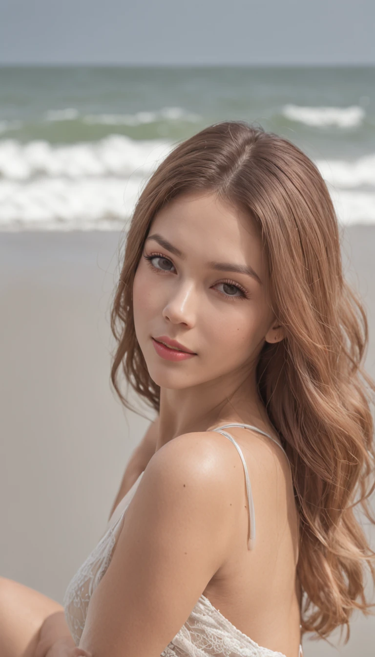 masutepiece, Best Quality, Illustration, Ultra-detailed, finely detail, hight resolution, 8K Wallpaper, Perfect dynamic composition, Beautiful detailed eyes, She is a bikini model, Natural lip color, Big breasts, Natural hair , lying on stomach, Full body naked , beach
