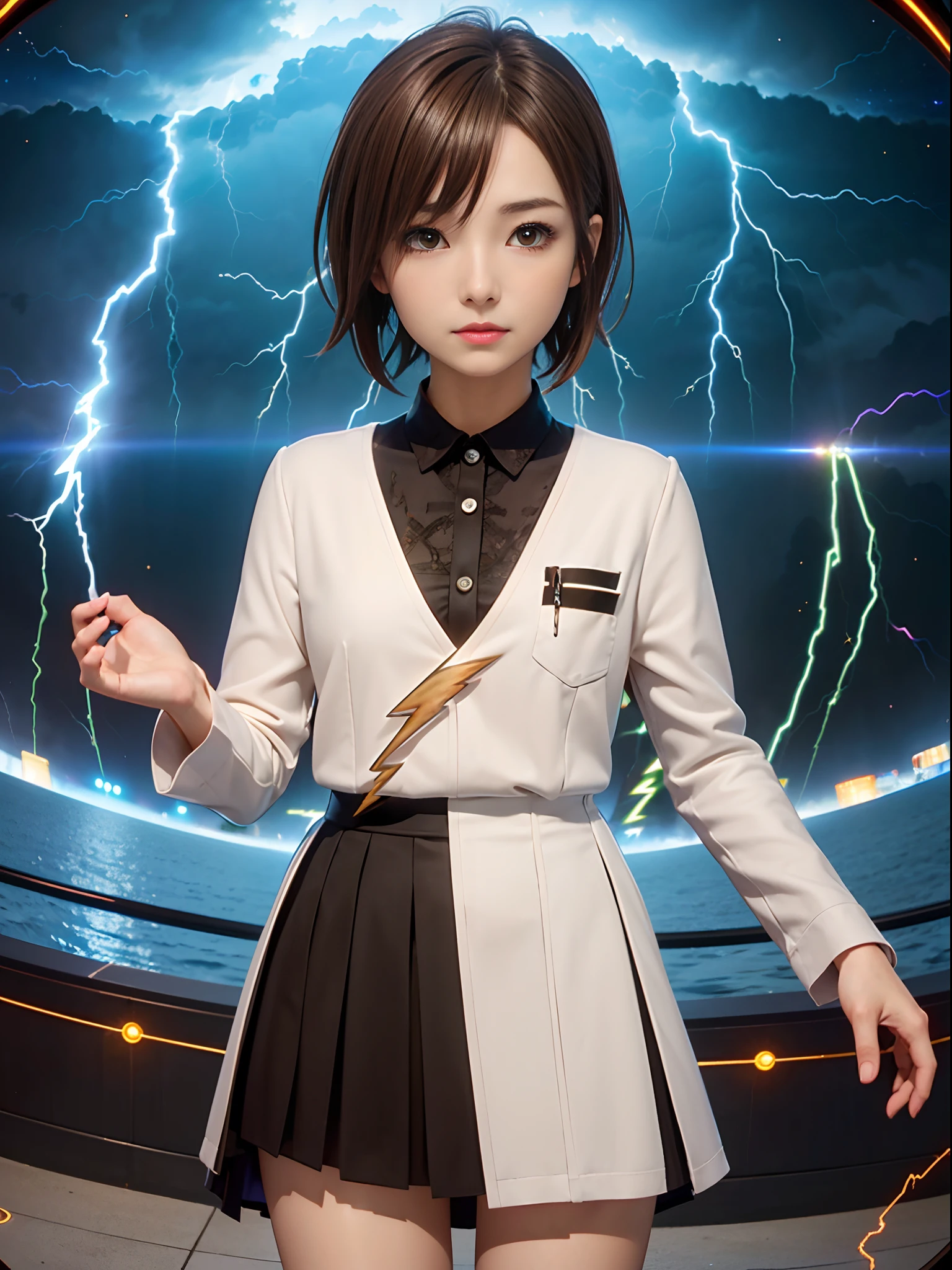 1girl, solo, misaka mikoto, short hair, brown hair, hairclip, brown eyes, (VFX, biribiri, electricity, lightning, l:1.5), front view, (fish eye, focus on girl:1.35), (masterpiece, best quality:1.5),fractal art