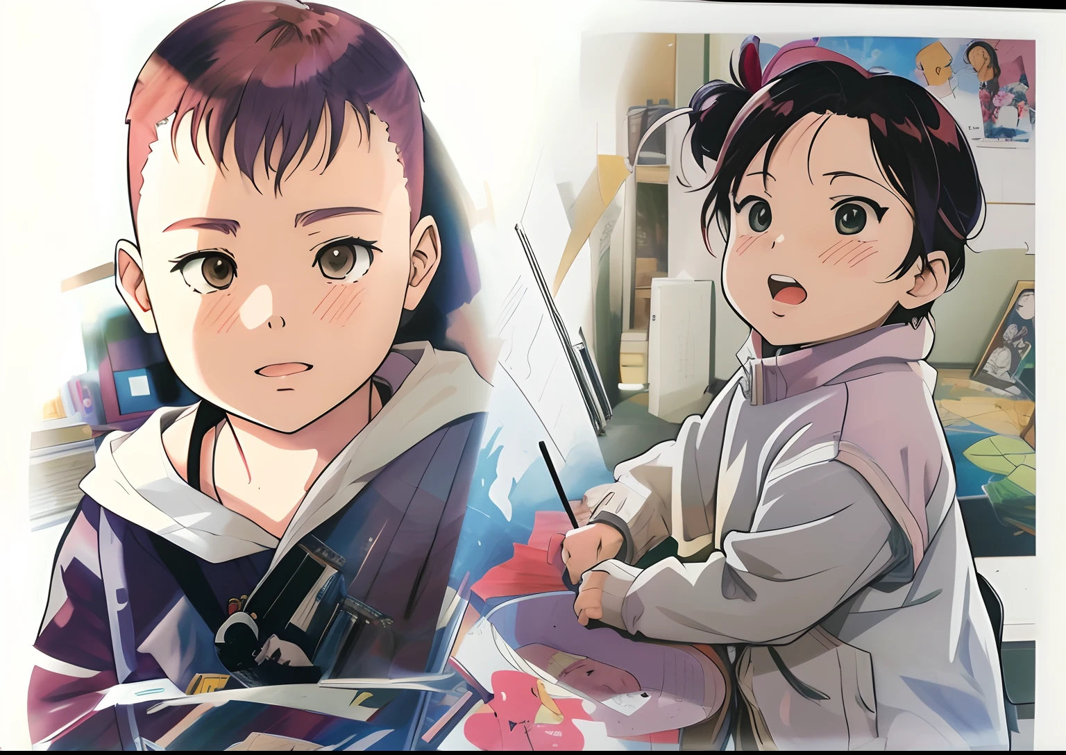 anime characters are shown in a photo with a picture of them, anime line art style, comic drawing.