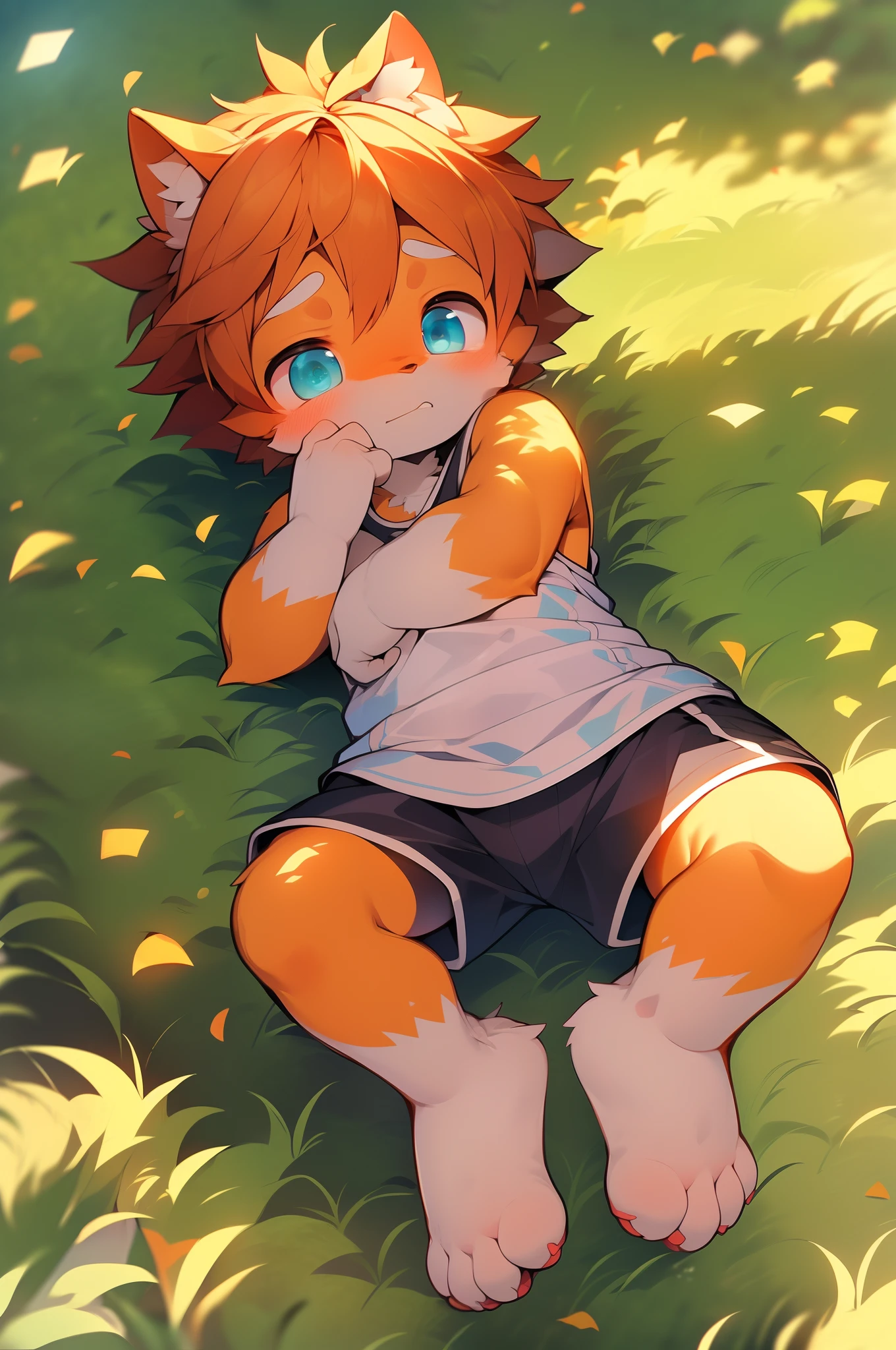 4k, (Masterpiece:1), Little boy with orange colored hair and shiny, glowing cyan eyes and barefoot, cinematic, young, boy, child, small, toddler, tiny feet, focus on feet, feet, blushing, (Young:1.4), (Child:1.4), (Shota:1.4), (male:1.4), (boy:1.4), (cinematic:1.4), (nervous expression:1.4), (shy:1.4), (shorts:1.6), (laying on field:1.6),