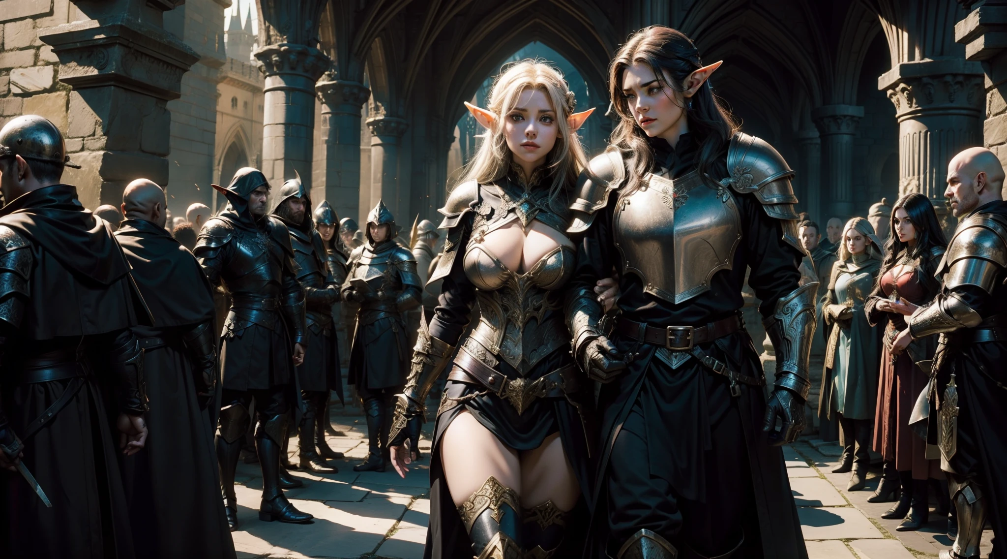 Female elf，Large breasts，Black armor，，dramatics，The background is the castle
