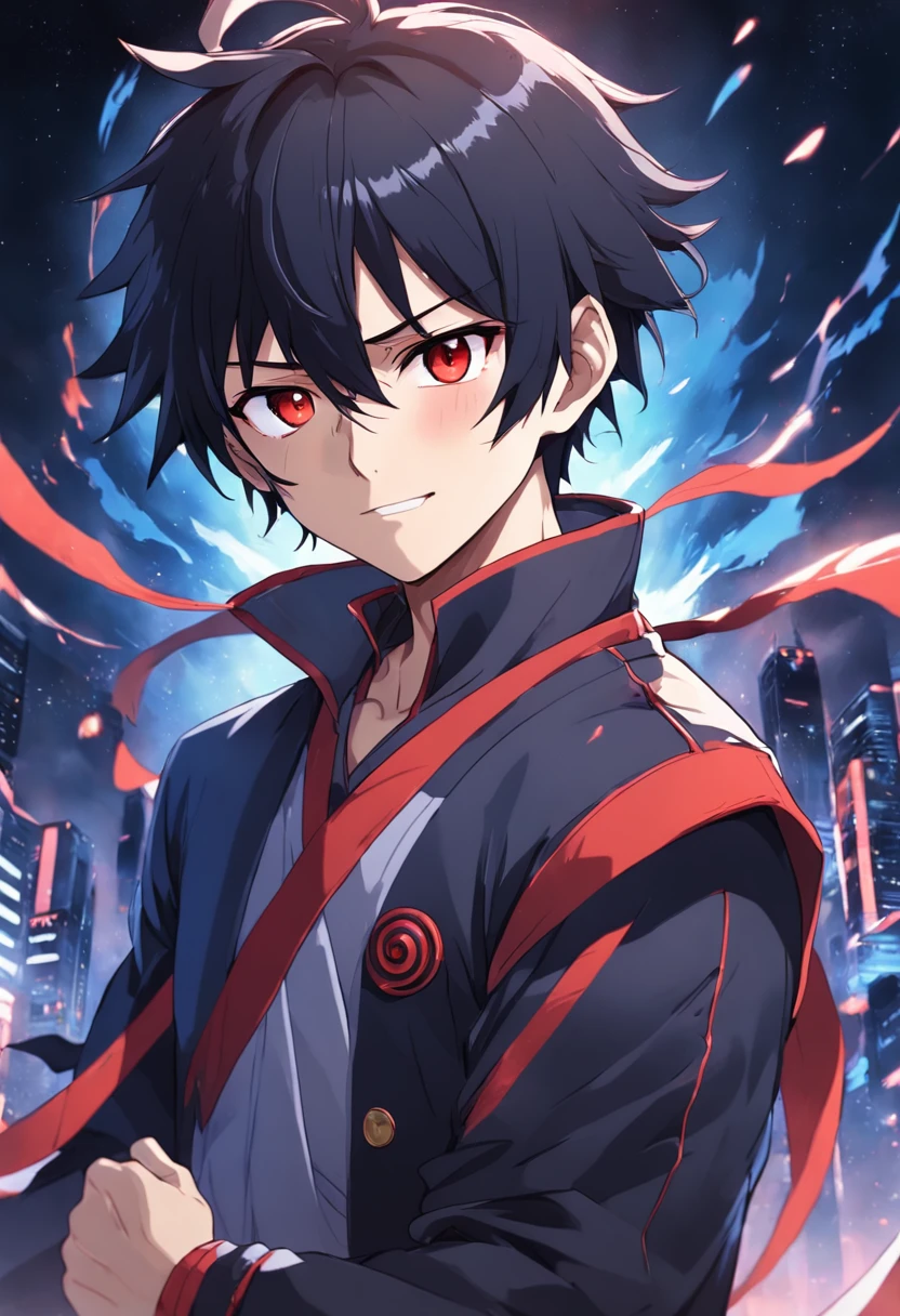 quadratic element,Anime figure, Red eyes, Black hair,male anime character, Anime moe art style, Character art portrait,Single horsetail,confident smile