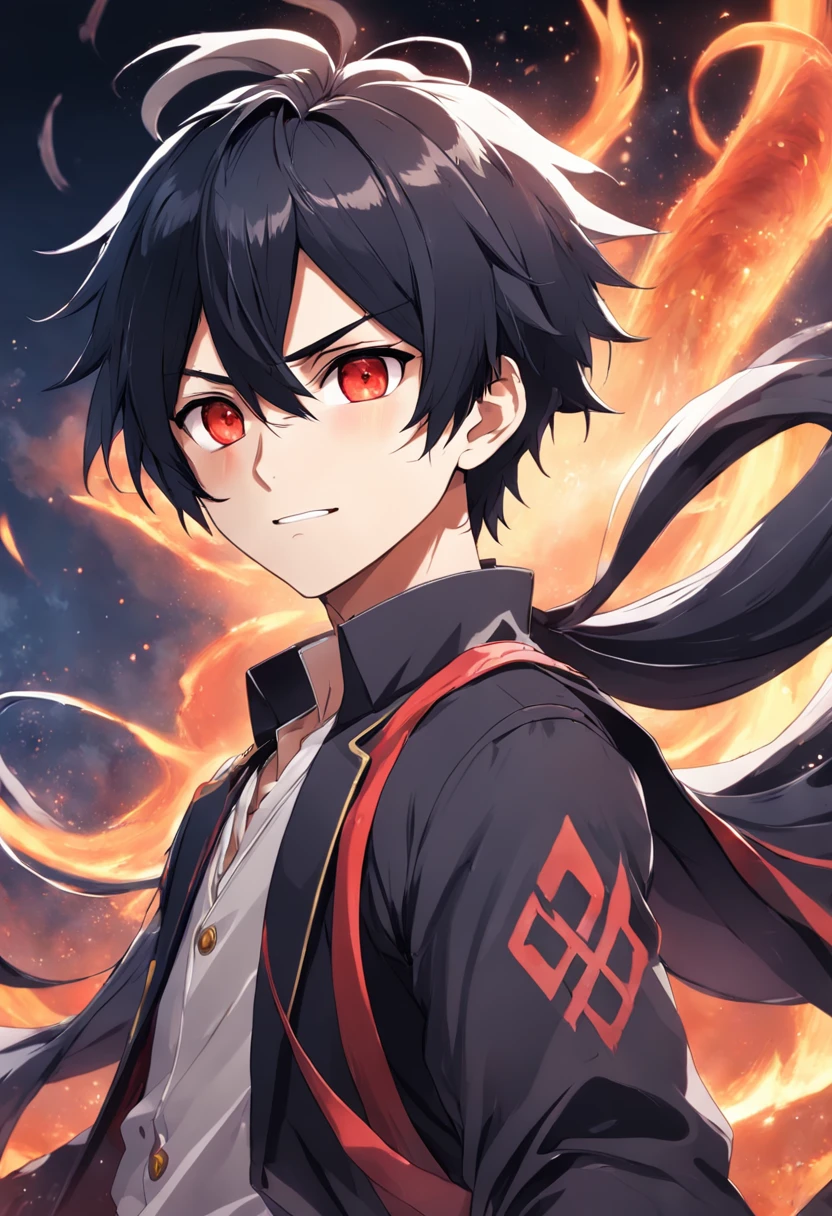 quadratic element,Anime figure, Red eyes, Black hair,male anime character, Anime moe art style, Character art portrait,Single horsetail,confident smile