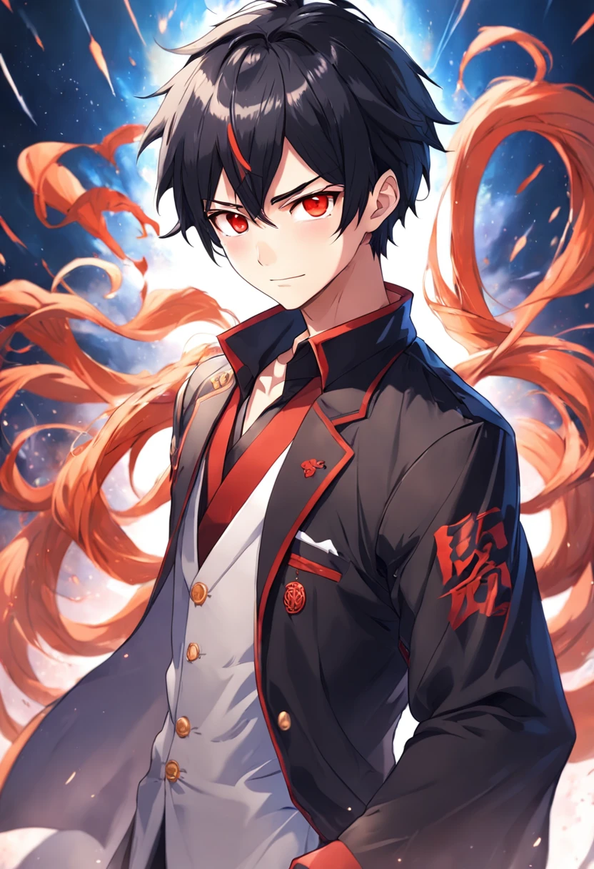 quadratic element,Anime figure, Red eyes, Black hair,male anime character, Anime moe art style, Character art portrait,Single horsetail,confident smile
