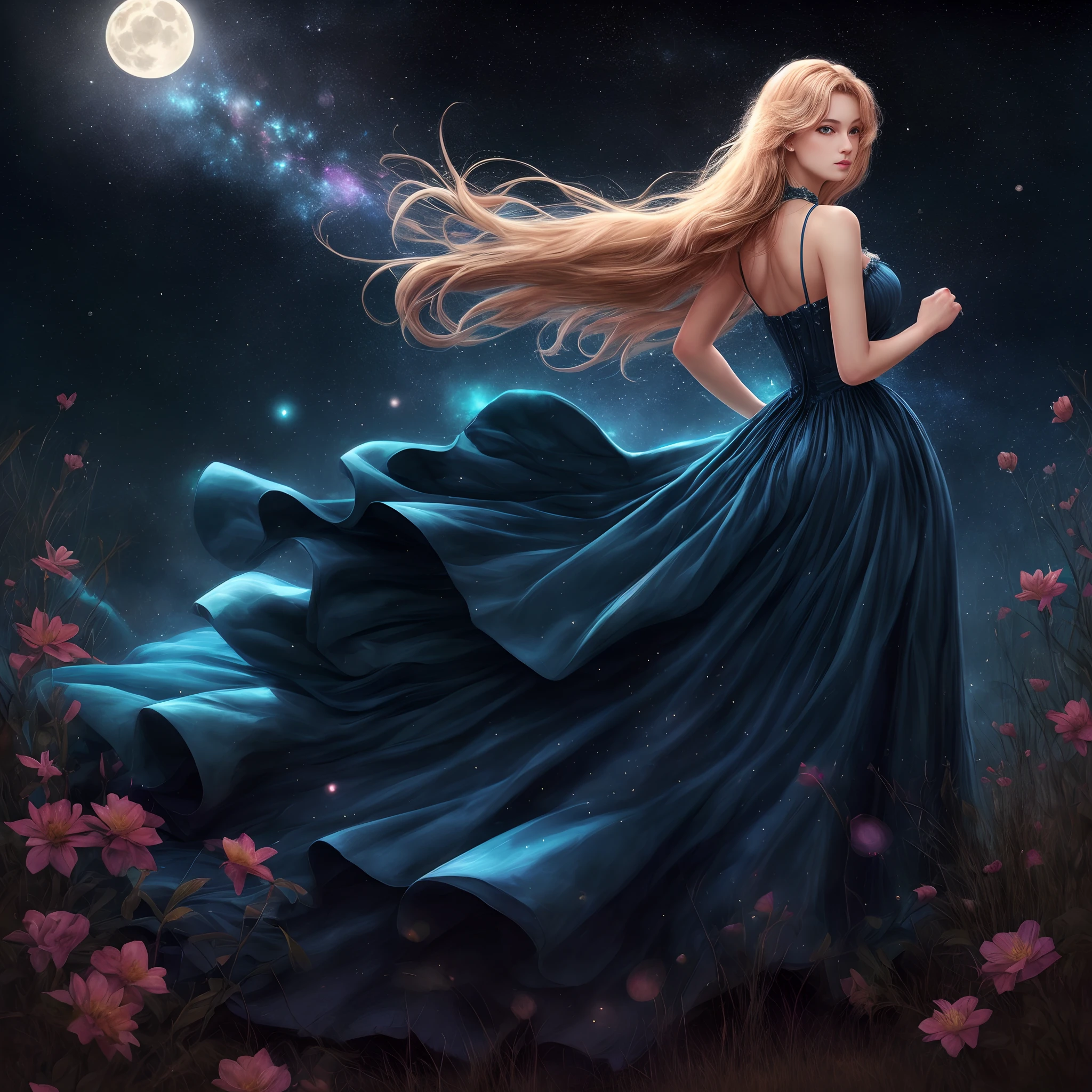 (Best Quality, masutepiece), Young Woman, Medieval princess blue dress, Pose, Particle, Wind, flower, Upper body, Full moon night background, Looking at Viewer, long straight windblown golden hair, Detailed blue eyes, Galaxy, back lighting, Rim Lights, beautiful artwork, Perfect composition