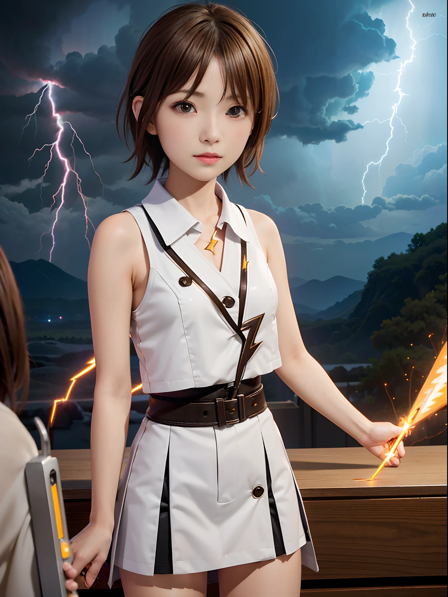 1girl, solo, misaka mikoto, short hair, brown hair, hairclip, brown eyes, (VFX, biribiri, electricity, lightning, l:1.5), front view, (fish eye, focus on girl:1.35), (masterpiece, best quality:1.5),fractal art