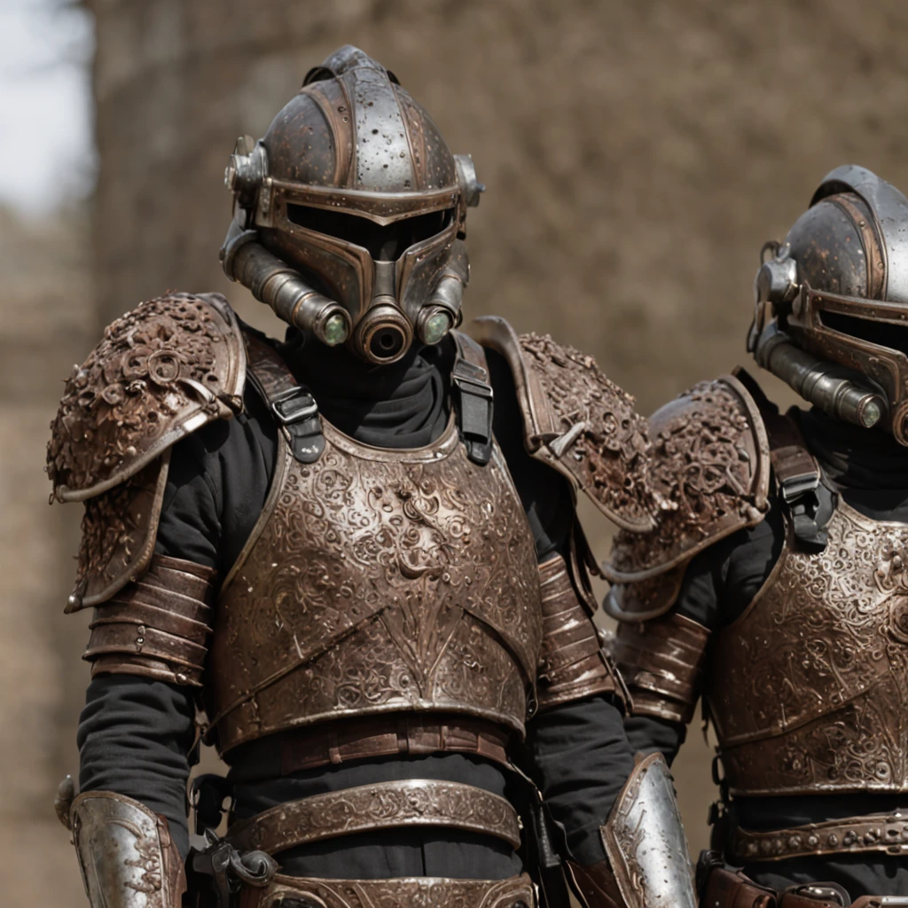 There are 3 soldiers standing in Victorian armor ,estilo reptiliana, alien，magic realism,master part, hiper HD, Super Detalhe, Detalhes altos, melhor qualidade, A high resolution, A high resolution, Premiados, anatomicamente correto, 8k，），Empire 500 A.C ）Robot-style armor rusted with pieces of leather, peito estilo homem de ferro, helmet with horns of demons, armadura realista e futurista.