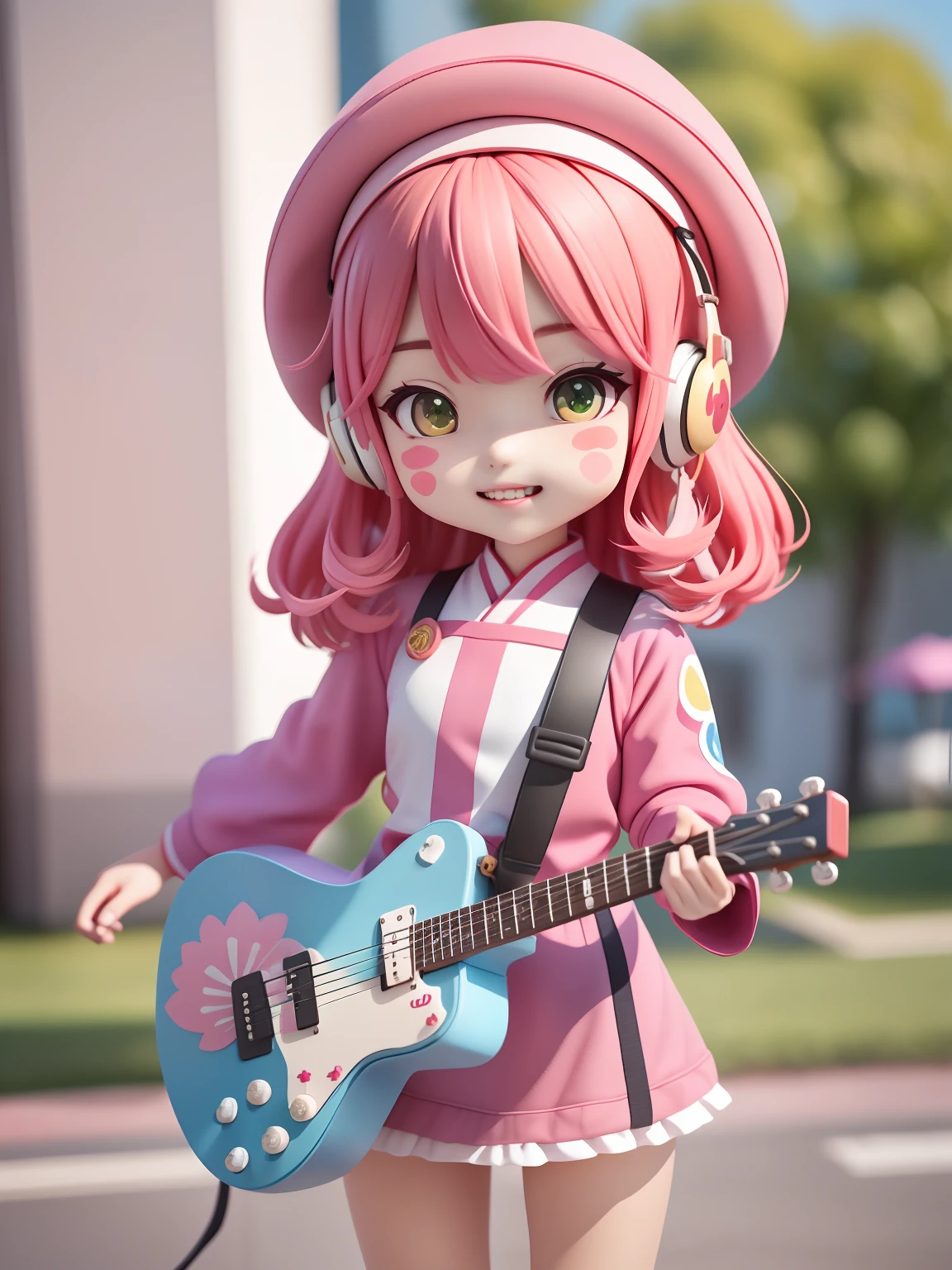 (Daisaku),(Need),(Super meticulous),3girl,adolable,ssmile,Open-mouthed,florals,exteriors,plays the guitar,music,in pink、Tender yellow、blue beret hat,Hold the guitar、bass、microphones,Manteau,Blush blue、purpleish color。green color,3,The shirt,short detailed hair,SakuraNS,red headgear,Blurred,Pink hair,Blush stickers,longer sleeves,By bangs,Earphone,brunette color hair,pinkflower,(beautiful detailed face),(美丽细致的眼睛),Tall and tall,Dopamine style,Hilariously,Girl group