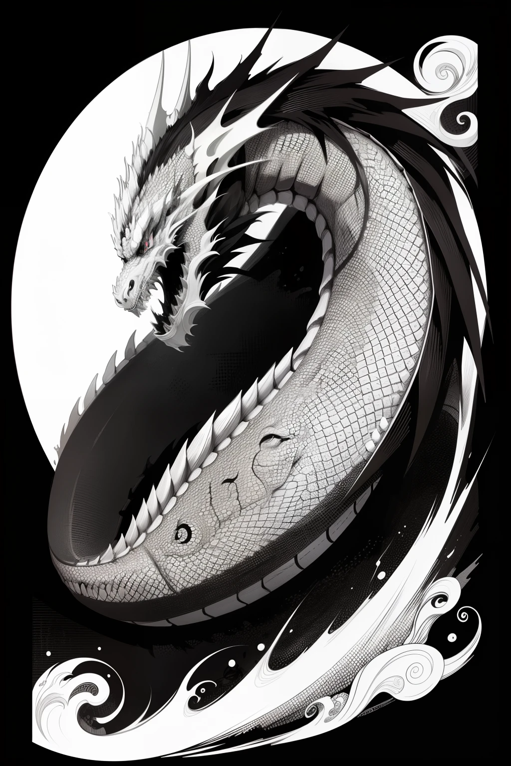 logo、simple、letter、emblem、White background only、(((No humans)))、Black and White、Intricate dragon motif