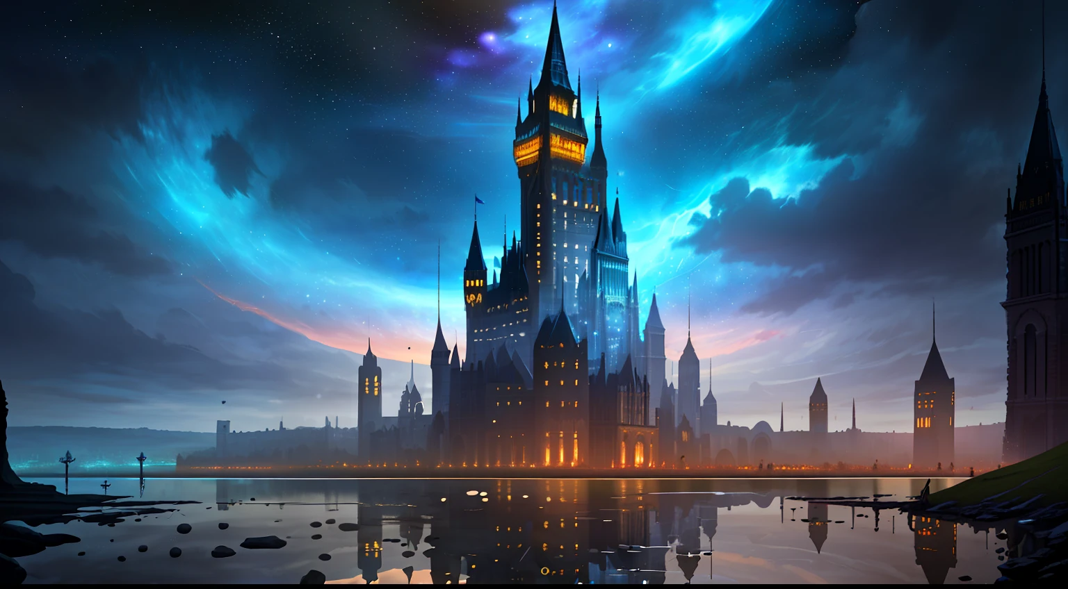 high details, best quality, 16k, RAW, [best detailed], masterpiece, best quality, (extremely detailed), full body (best details, Masterpiece, best quality), , ultra wide shot, photorealistic, fantasy art, RPG art, D&D art,  a picture of view over white celestial tower near the lake at night, big epic fantasy celestial tower, white tower, with intricate magical designs (best details, Masterpiece, best quality), with windows, light coming from the windows, fantasy celestial tower, angelic tower (best details, Masterpiece, best quality) standing near the lake, tranquil lake, tower reflection in the lake (best details, Masterpiece, best quality) , fantasy night, moon, stars, fantasy night scenery, High Detail, Ultra High Quality, High Resolution, 16K Resolution, Ultra HD Pictures, 3D rendering Ultra Realistic, Clear Details, Realistic Detail, Ultra High Definition