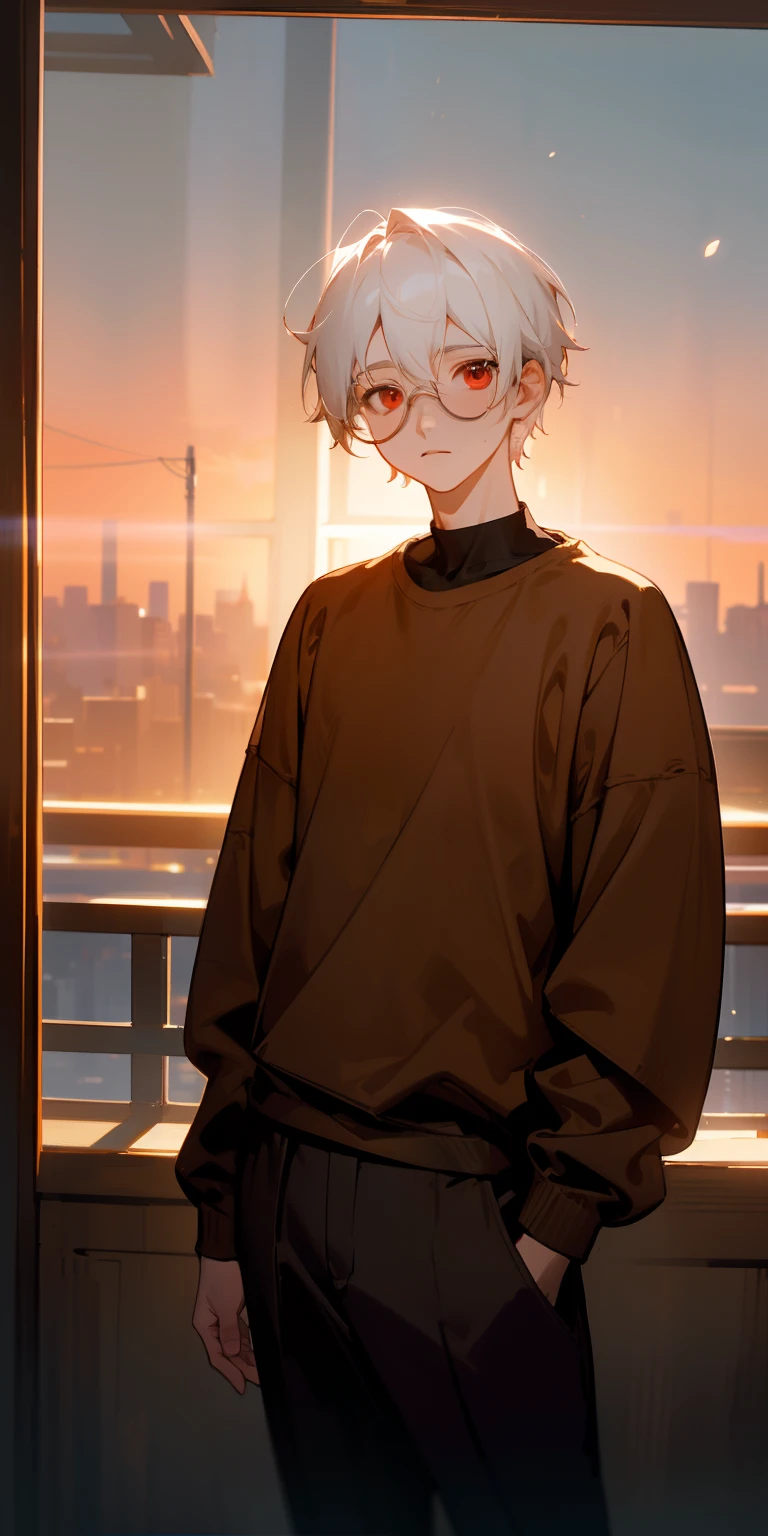 Masterpiece, detailed picture, soft lighting, 20-year-old guy, white hair, red eyes, gloom, round glasses, Wearing a brown sweatshirt, sunset, black trouser.