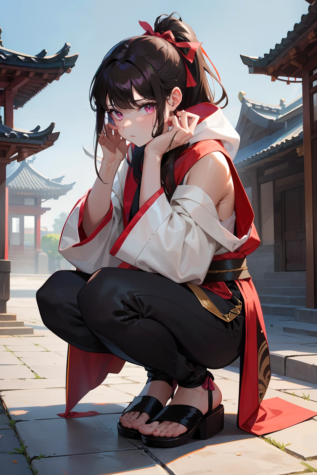 He is a young man with long brown hair who uses a very long ribbon to tie it into a ponytail. His bangs fell across her face as bangs、Has two very long fronts that fall into her robe. dark pink eyes