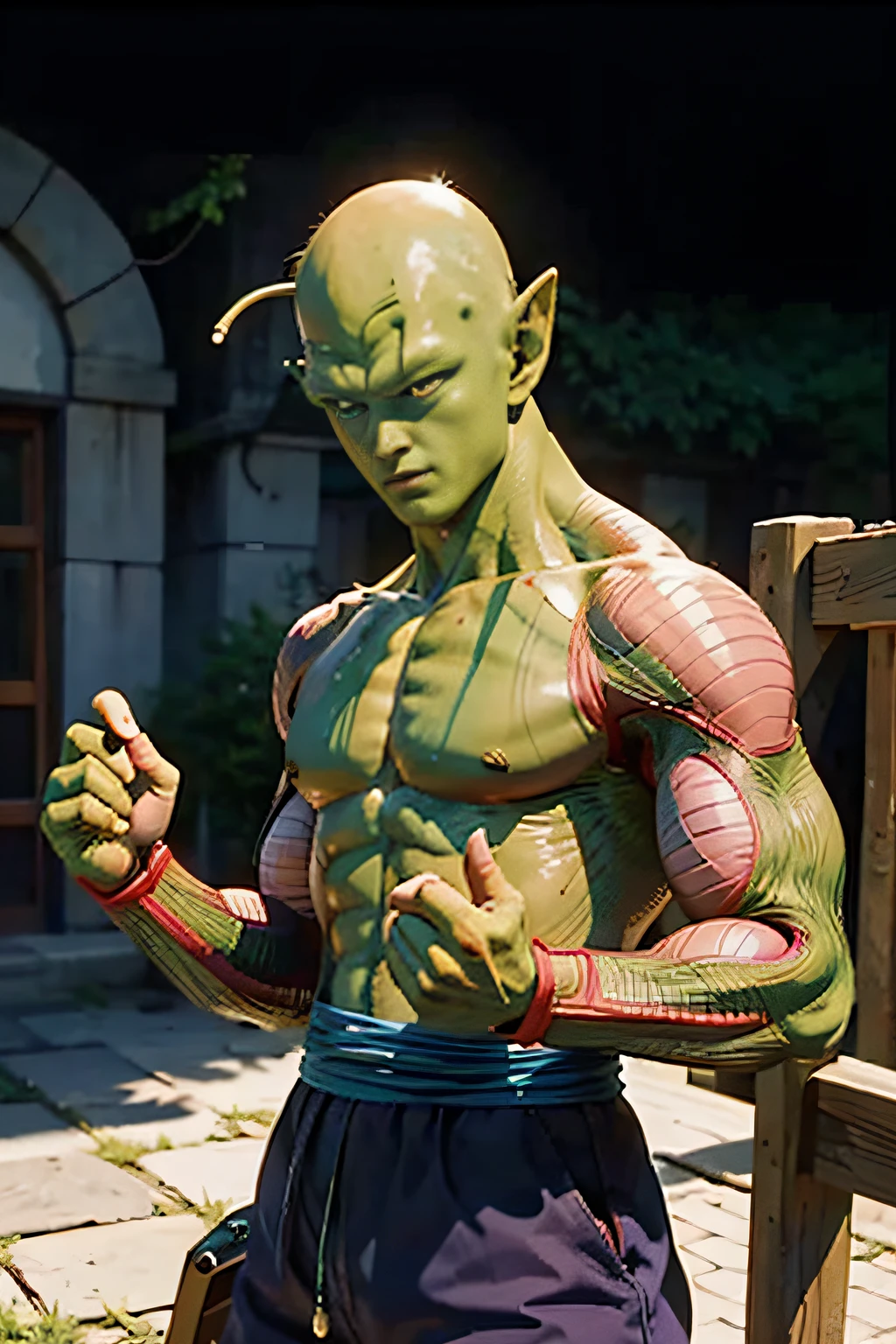 masterpiece, best quality,piccolo, 1boy, male focus, solo, fighting stance, pointy ears,(topless:1.3), green skin, oni horns, purple pants, closed mouth, ((bald)),pink patches,black eyes, blue sash