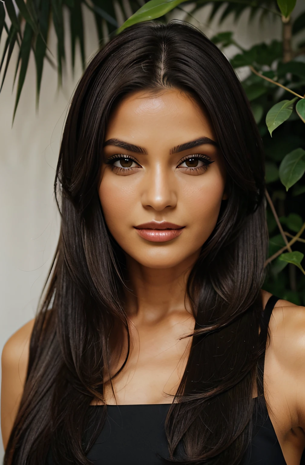 1 mulher adulta, cabelo comprido, cabelo cacheado, cabelo cor preto, pele suave, olhos castanhos, sorrir, vegetation, Occasional, conjunto xadrez , realista