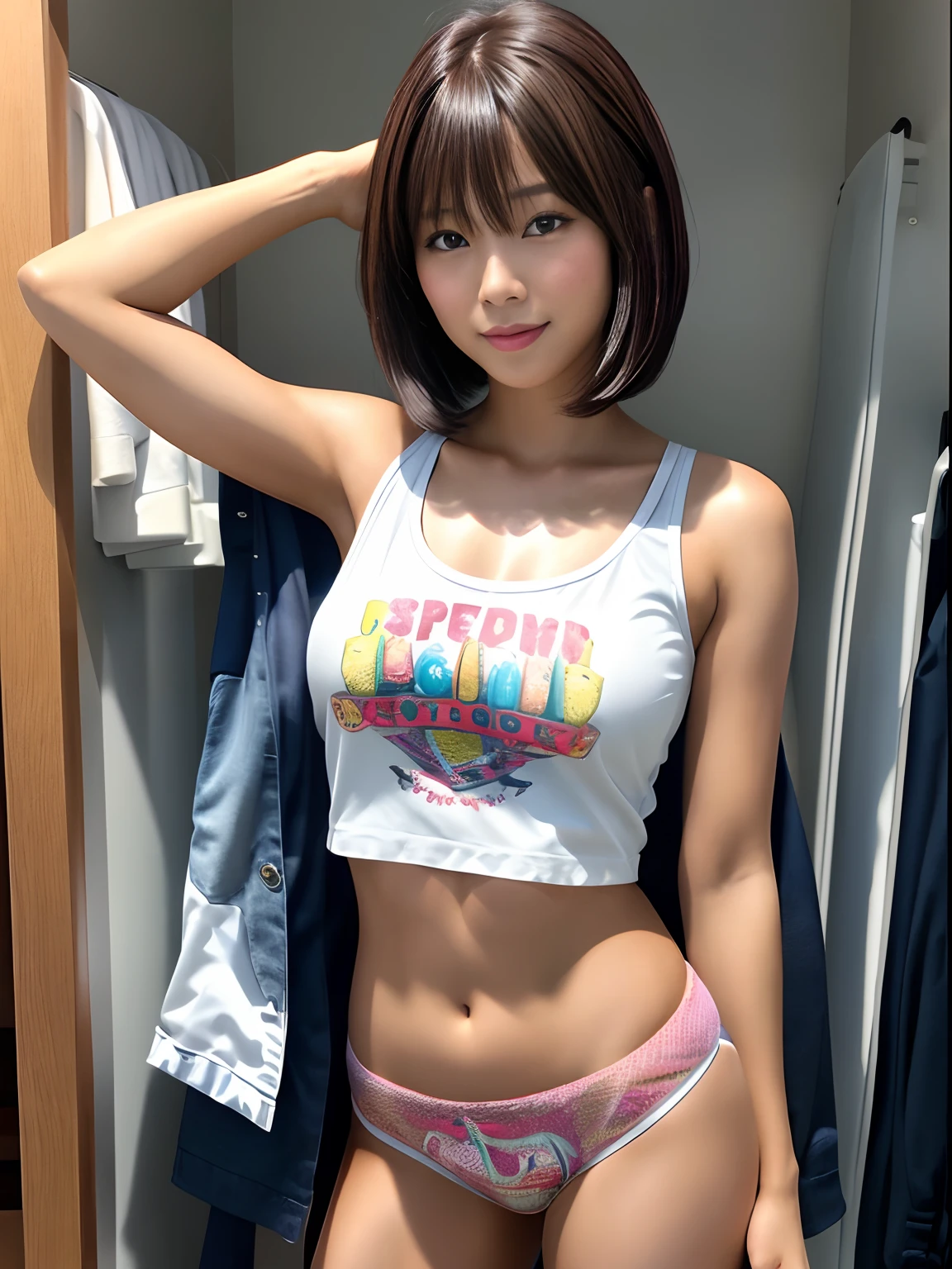 Product quality, 1 girl, cowboy shot, Front view, a Japanese young pretty girl, Bob Hair, Stand in front of the closet, Glamorous figure, Wearing a tank top with an illustration printed on it, Wearing silk underwear, A big smile, hyper cute face, Glossy lips, double eyelids for both eyes, Natural makeup, Shiny smooth light brown bob hair, asymmetrical bangs, Tanned skin, central image, High resolution, high detailing, detailed hairstyle, Detailed face, Cinematic lighting, Octane Rendering, Vibrant, hyper realisitic, Perfect limbs, Perfect Anatomy