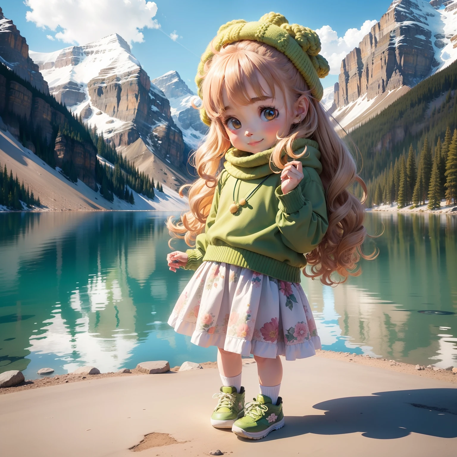Cute  Chibi Anime,The best smile,Golden curly hair,Light green knitwear,Floral flared skirt,laced shoes, Canadian Rockies, Lake Louise