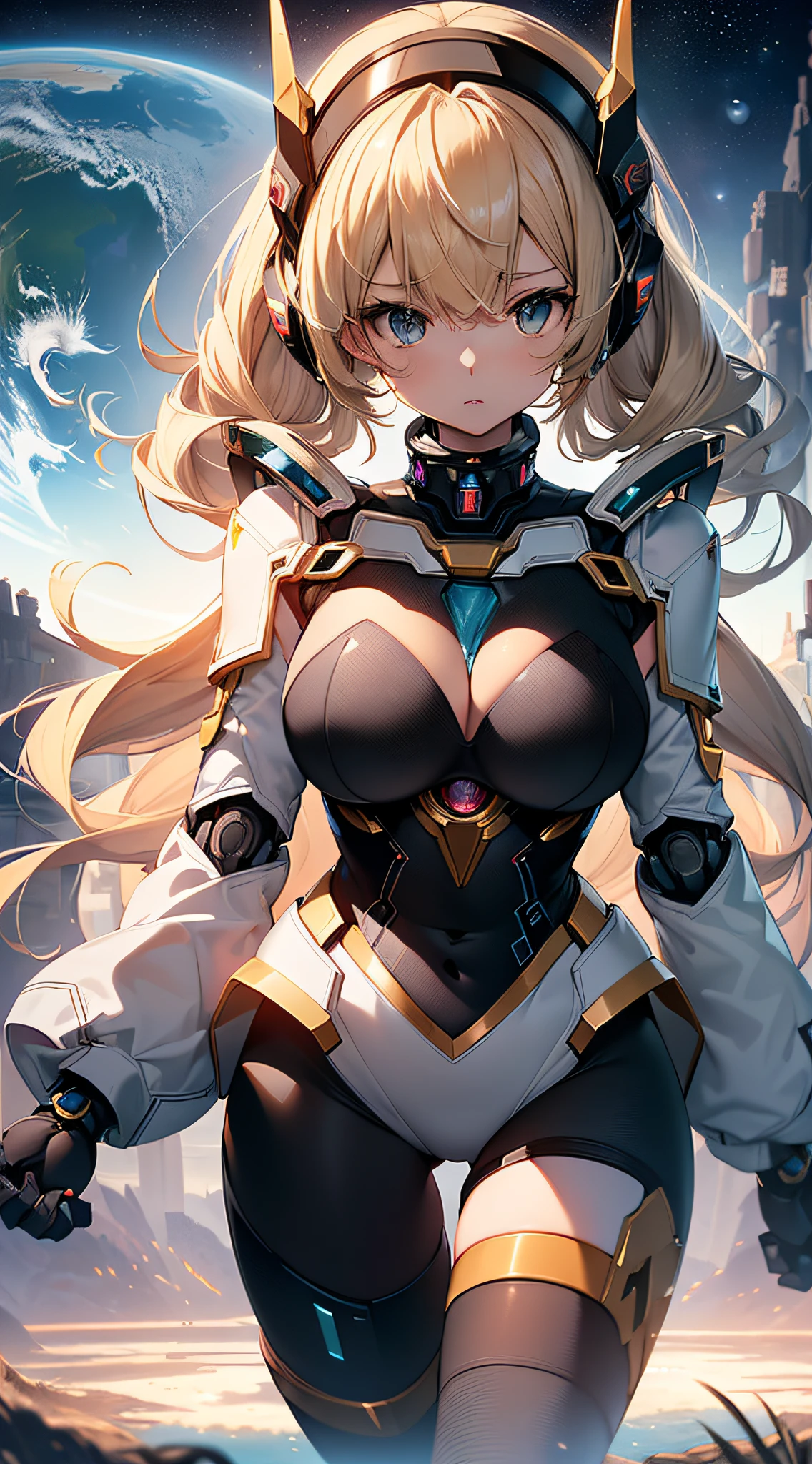 top-quality、Top image quality、masterpiece、Mecha Girl((Robot joints,Black tights,Bust 100、a blond、close to viewer、gazing at viewer、Chest energy、Breasts wide open,Reaching out、Booster on the back))hiquality、depth of fields、Background with((kosmos))、Depth((planet earth))