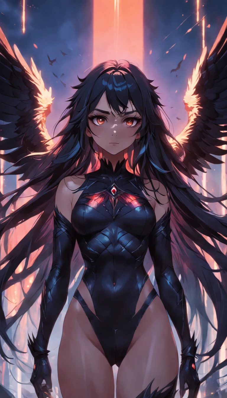 Masterpiece, Best quality, cinematic Film still from, 1girll, monstergirl, Raven woman, full bodyesbian, Portrait, Detailed (Eyes), Long (Hair), Perfect body, Proportional body, crow|raven wings, deep look, Wearing (Tops and pants), Close-up,  Cool soft lighting, Sunset, (Aura:0.7)