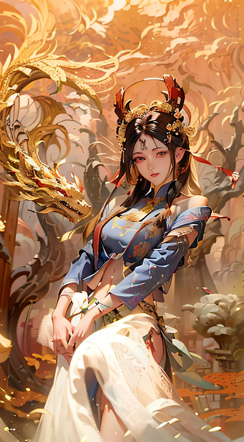 an ancient chinese painting, ancient chinese background,tmasterpiece, super detailing, Epic work, hyper HD, high high quality, The is very detailed,Best quality,(Tangled,tangled,wring),(s fractal art:1.4),1个Giant Breast Girl,black color hair,china idol,cropped shoulders,short skirt,Small thighs,navel,The content is very detailed,dynamic angle,cow boy shooting,(Chaos in its most beautiful form),Flowing,(vibrant with colors),overclocking,(Half a body:1.2),Chinese Big Breasts,(wall paintings:1.5),(ribbons:1.3),(Fantastic and magical:1.5),(Hanfu:1.5),chinesedragon,Chinese Phoenix,(ssmile:0.5 ),(Chinese God),