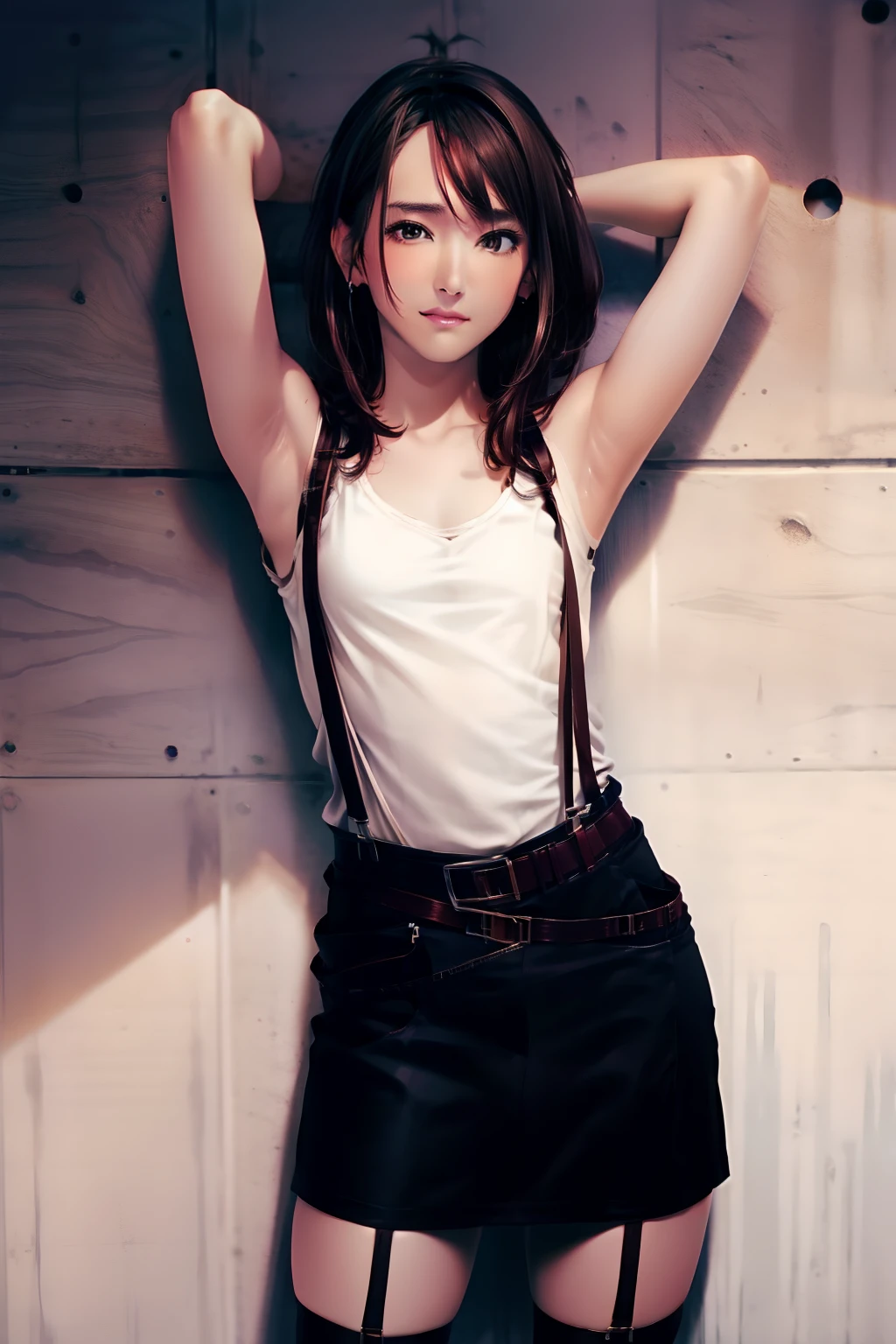 skirt by the, Tank Tops suspenders, Brown hair short, Gray eyes, holster, Garter belt on the legs, moderate chest and tight clothes, a belt Armpit sweat deadpan