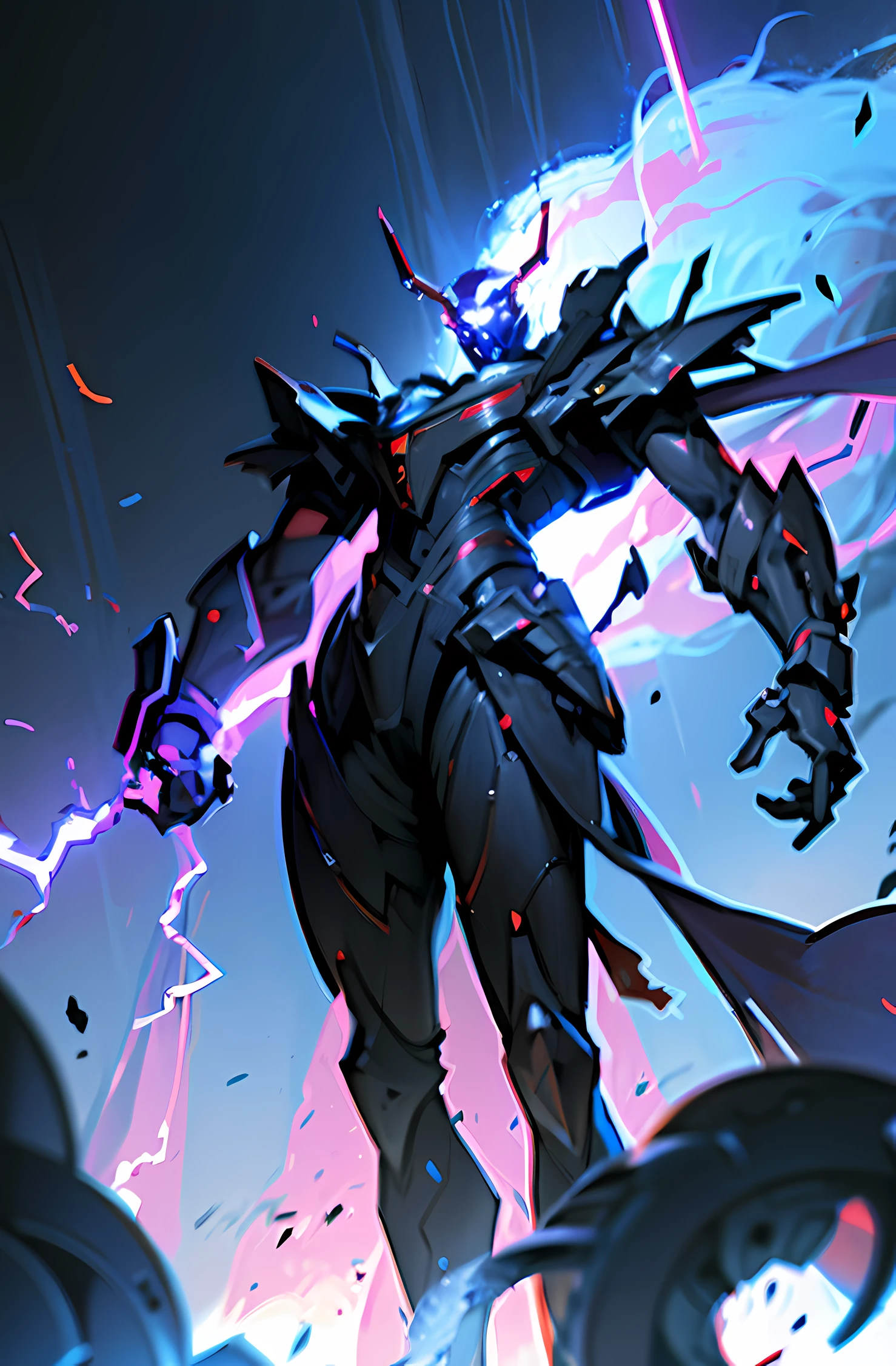 Power mech in an abandoned lab culture silo，Mecha link cable，The mech consists of silver armor plates，The streamers on the body emit a blue-red gradient，His left hand is a long blue light blade。，In the right hand is a long-range artillery。