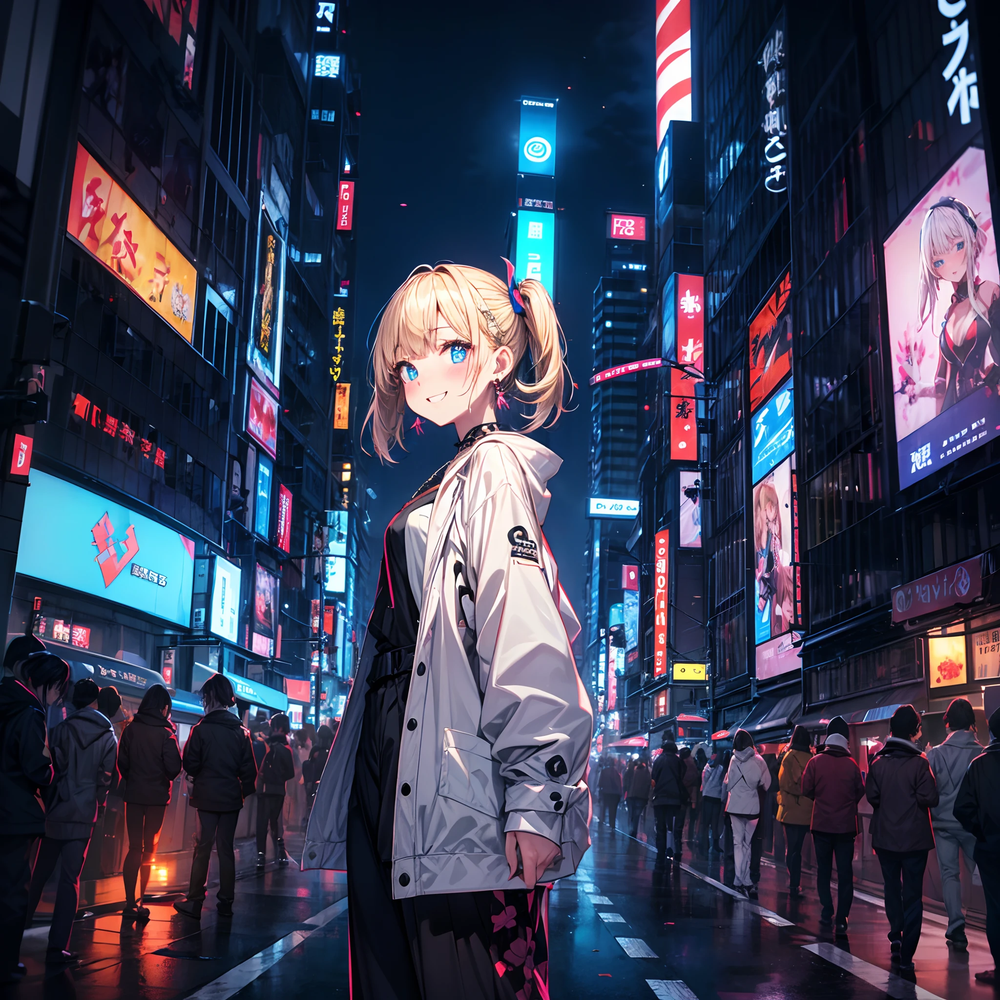 absurderes, (独奏:1.5,)ultra-detailliert,bright colour, extremely beautiful detailed anime face and eyes, view straight on, ;D, shiny_skin,25 years old, Happy smiling face、Short hair, , asymmetrical bangs, Blonde hair with short twin tails, Shiny hair, Delicate beautiful face, red blush、(Blue eyes), White skin, hair clips, earrings, a necklace, Onepiece、(Midnight Tokyo)、(Lots of neon:1.3),(highrise buildings:1.2),(Scramble crossing)