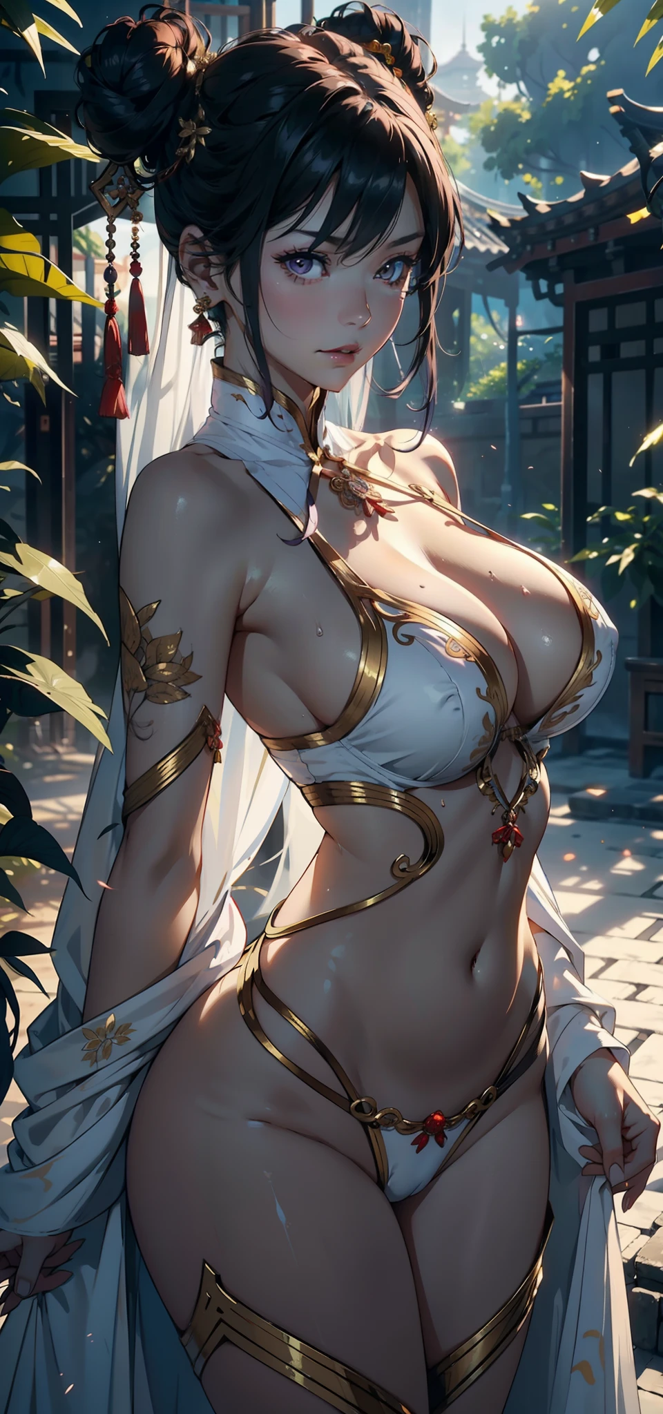 1female,35yo,熟妇,long leges,Big breasts Thin waist,Slim,huge-breasted ,Pornographic exposure, 独奏,(Background with:bamboo forrest,exteriors) She has short purple hair,Doll head,Qi bangs,standing on your feet,Sweat profusely,drenched all over the body,seen from the front, hair straight, mostly cloudy sky,(((tmasterpiece),(Very detailed CG unity 8K wallpaper),best qualtiy,cinmatic lighting,detailed back ground,beatiful detailed eyes,Bright pupils,Black eyes,(Very fine and beautiful),(Beautiful and detailed eye description),ultra - detailed,tmasterpiece,)),facing at camera,A high resolution,ultra - detailed),revealing breasts,Bare genitalia, Bulge,legs are open,Raised sexy,Camel toes,Flushed complexion,Open-mouthed,frontage,silver ornaments,gallant woman,Wuxia style,double bun hair(Wearing:Red transparent robe,Gold wire embroidery,nakeness,Leakage out of the breast)